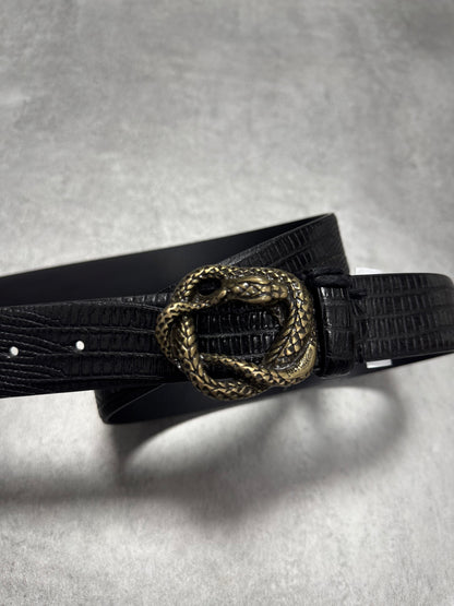 Cavalli Snake Effect Black Calf Leather Belt (OS)