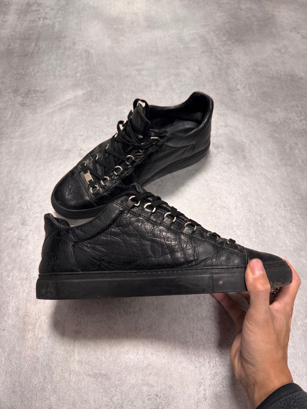 Balenciaga Arena Low Black Cracked Leather Sneakers