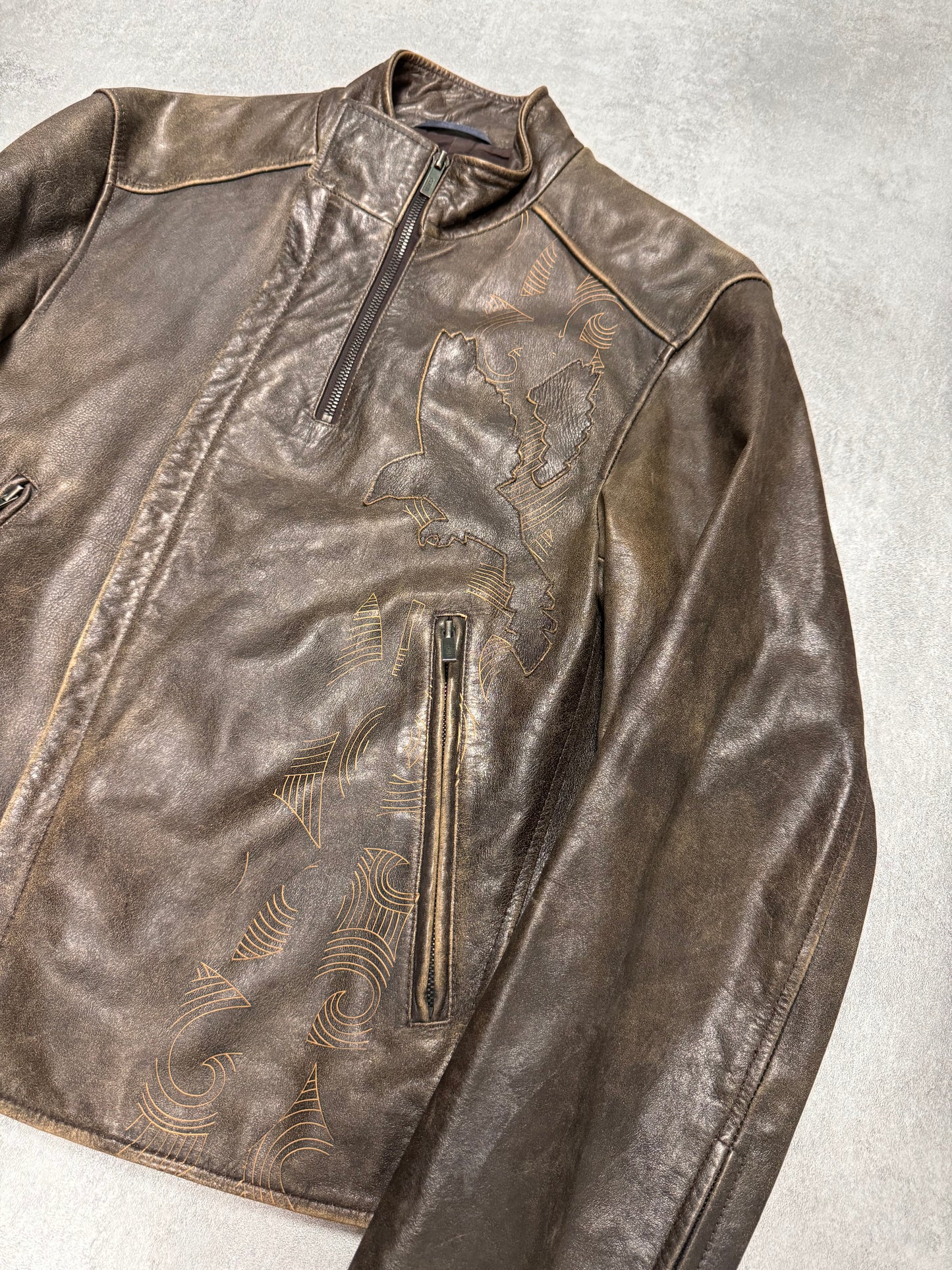 1990s Kenzo Bird Biker Brown Leather Jacket (S)