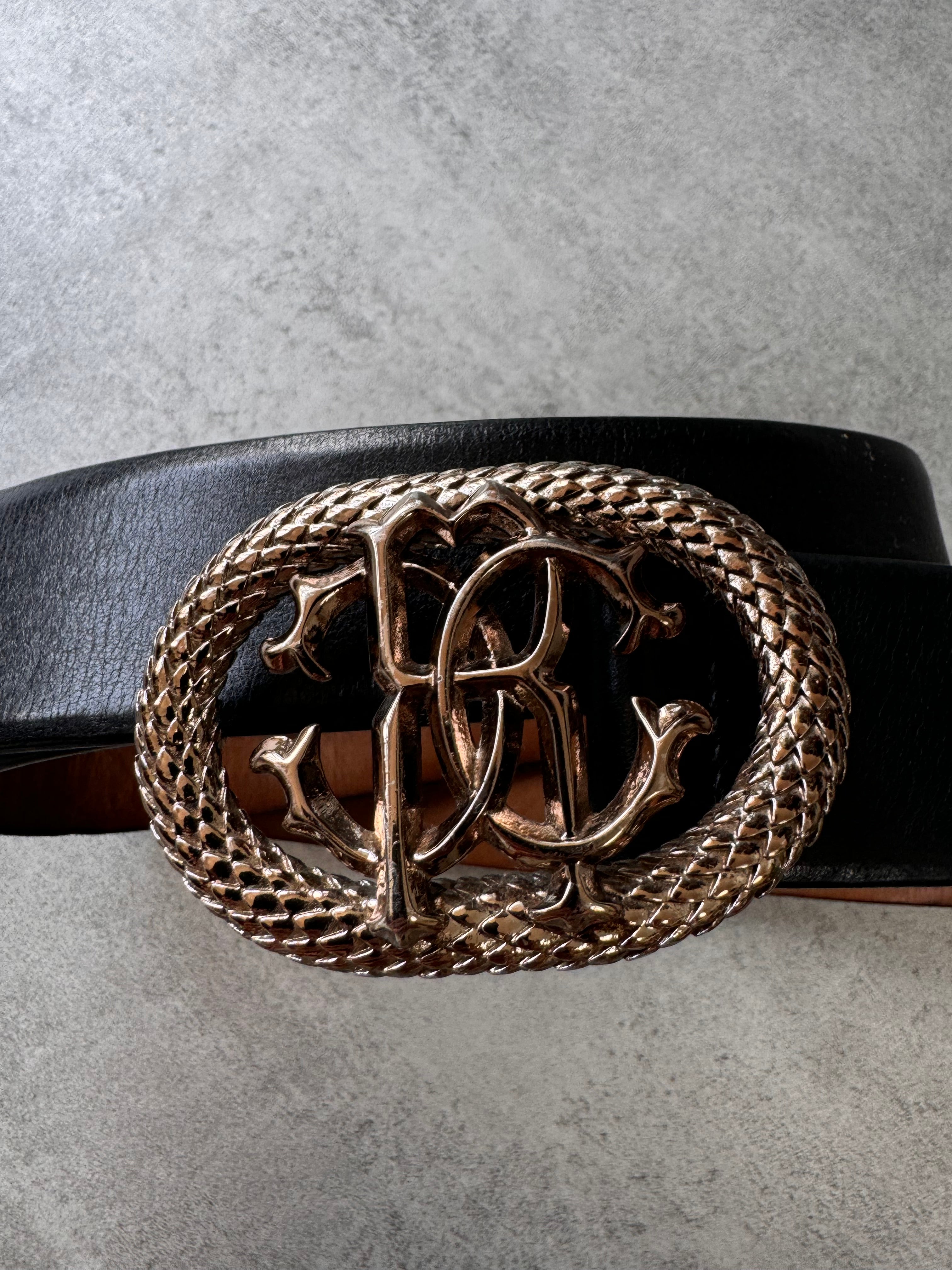 Roberto Cavalli Golden Pink Snake Buckle Black Leather Belt