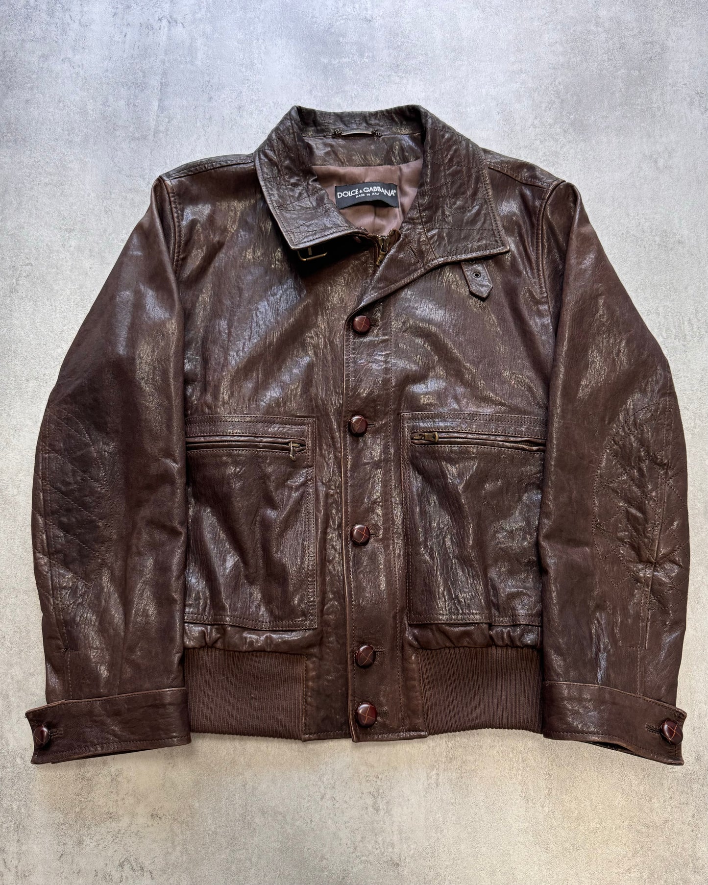 FW2005 Dolce & Gabbana Military Brown Leather Heavy Jacket (L)