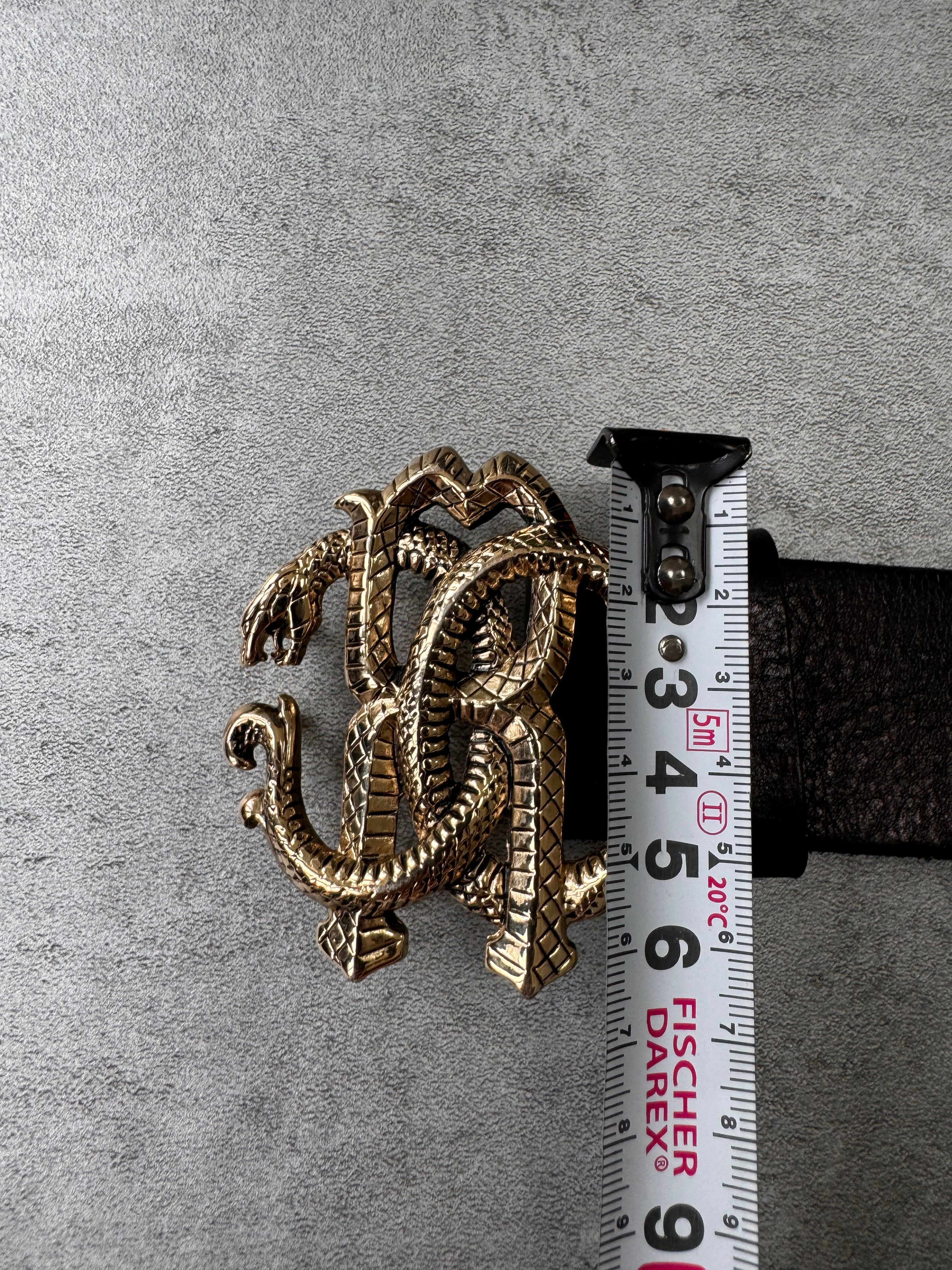 Roberto Cavalli Golden Snake Buckle Brown Leather Belt (OS)