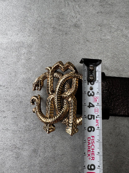 Roberto Cavalli Golden Snake Buckle Brown Leather Belt (OS)