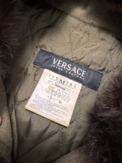 2000s Versace Utility Military Fur Collar Kaki Bomber Jacket (M)