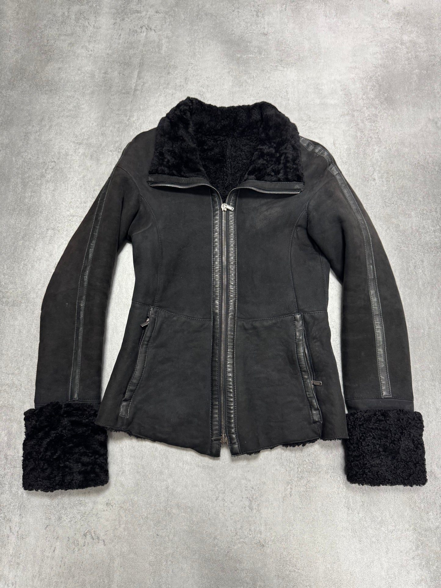 AW2007 Emporio Armani Black Shearling Fitted Jacket (XS)