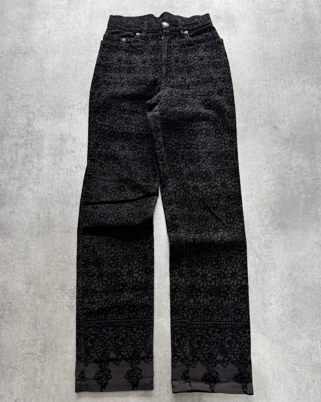 1990s Jean Paul Gaultier Glamour Velvet Black Denim Pants