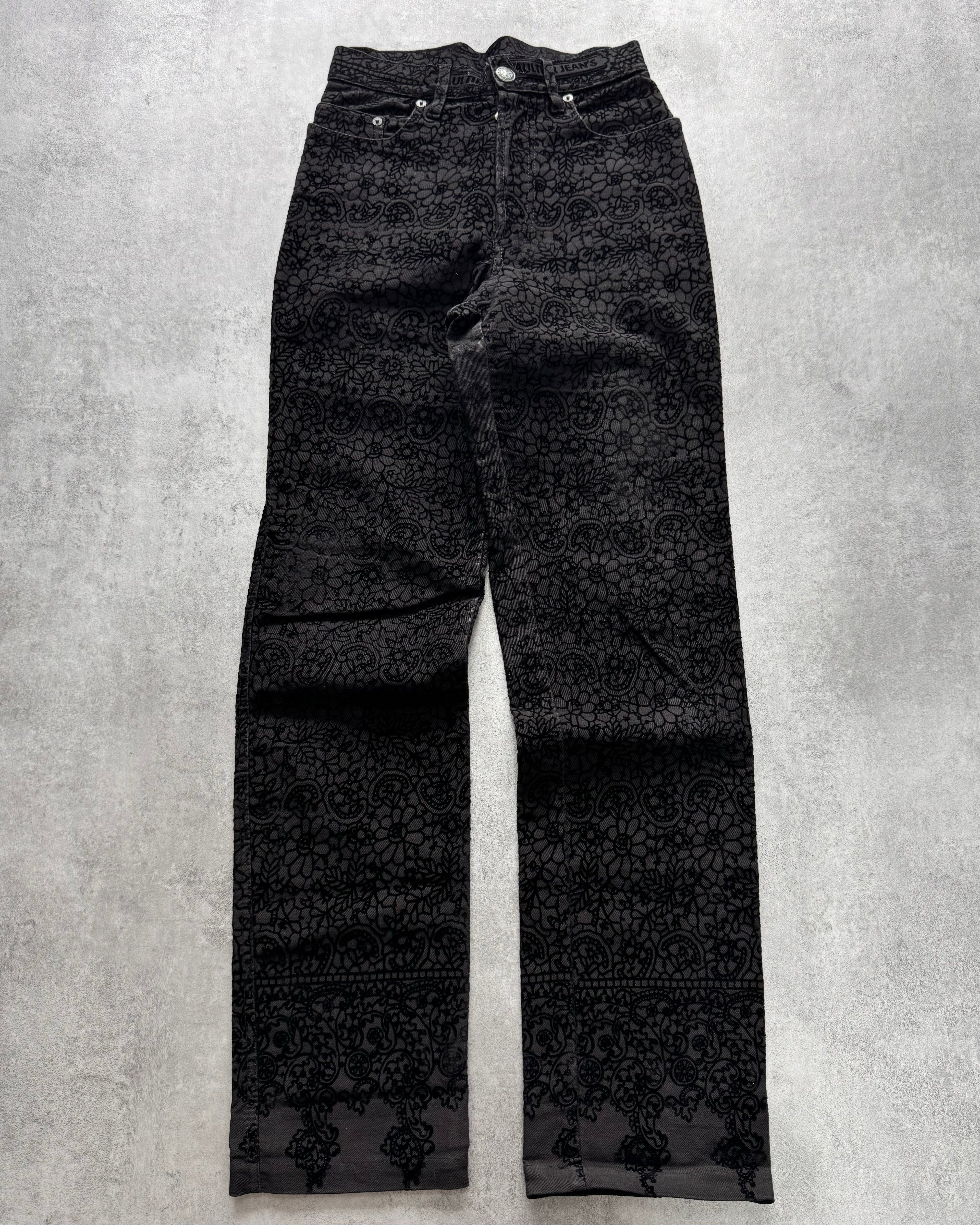 1990s Jean Paul Gaultier Glamour Velvet Black Denim Pants