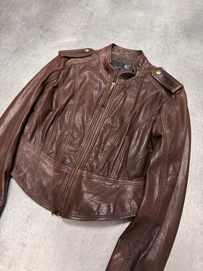 FW2011 Cavalli Cropped Brown Leather Jacket (XS)