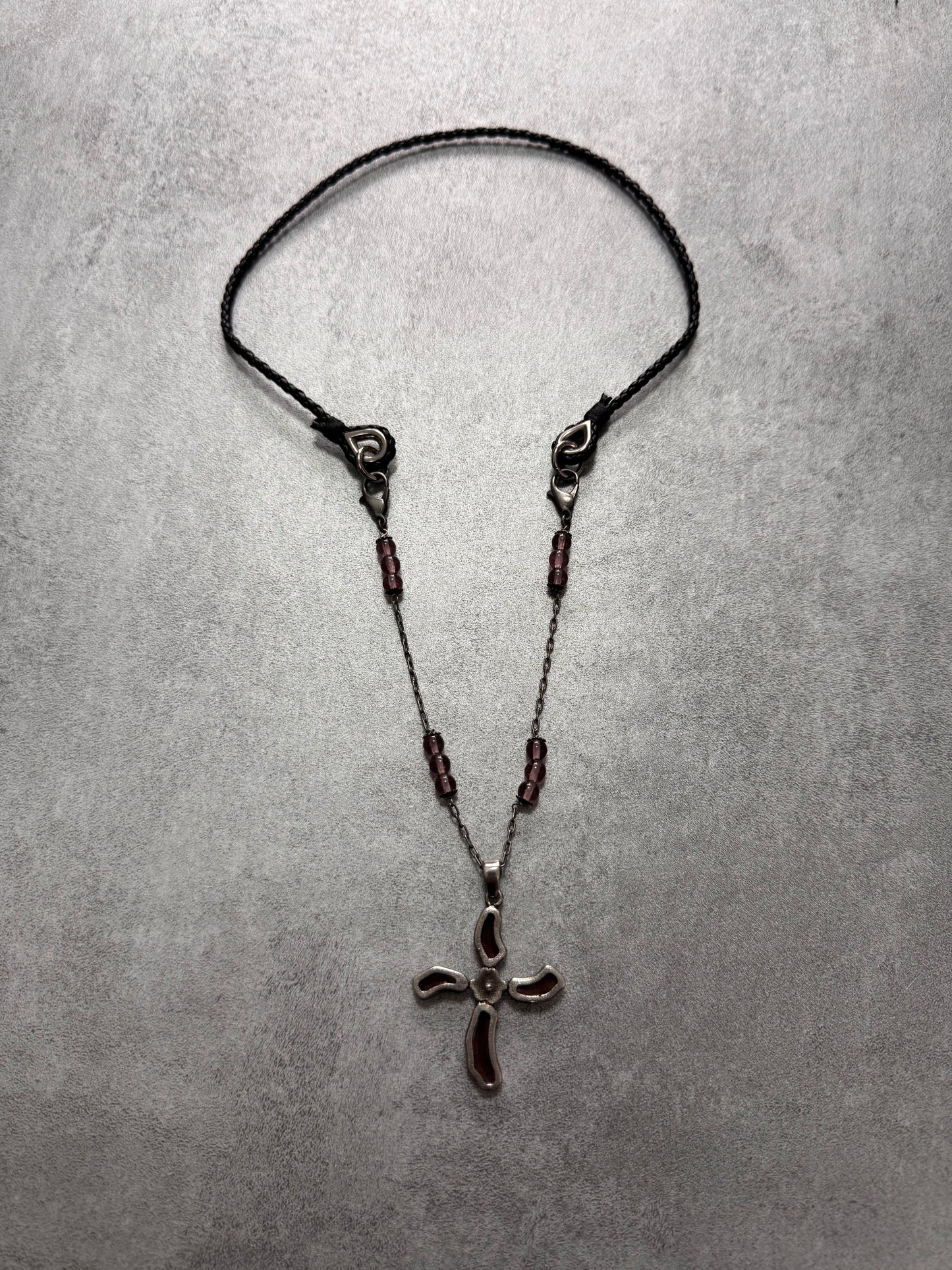 2000s Dolce & Gabbana Fantasy Cross Pendant Hybrid Leather and Steel Necklace (OS)