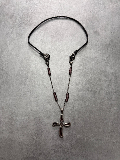 2000s Dolce & Gabbana Fantasy Cross Pendant Hybrid Leather and Steel Necklace (OS)