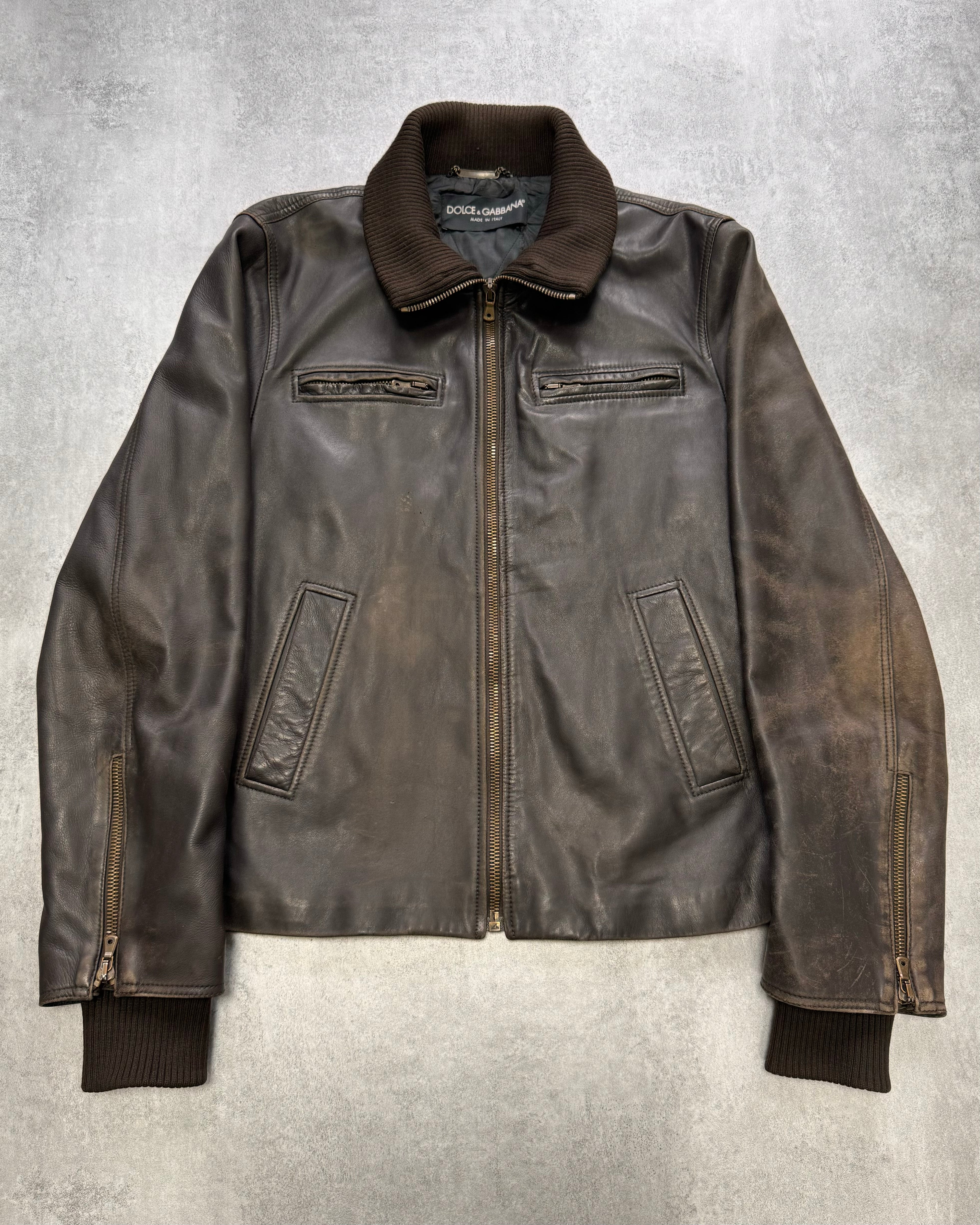 2000s Dolce & Gabbana Minimalist Distressed Leather Jacket