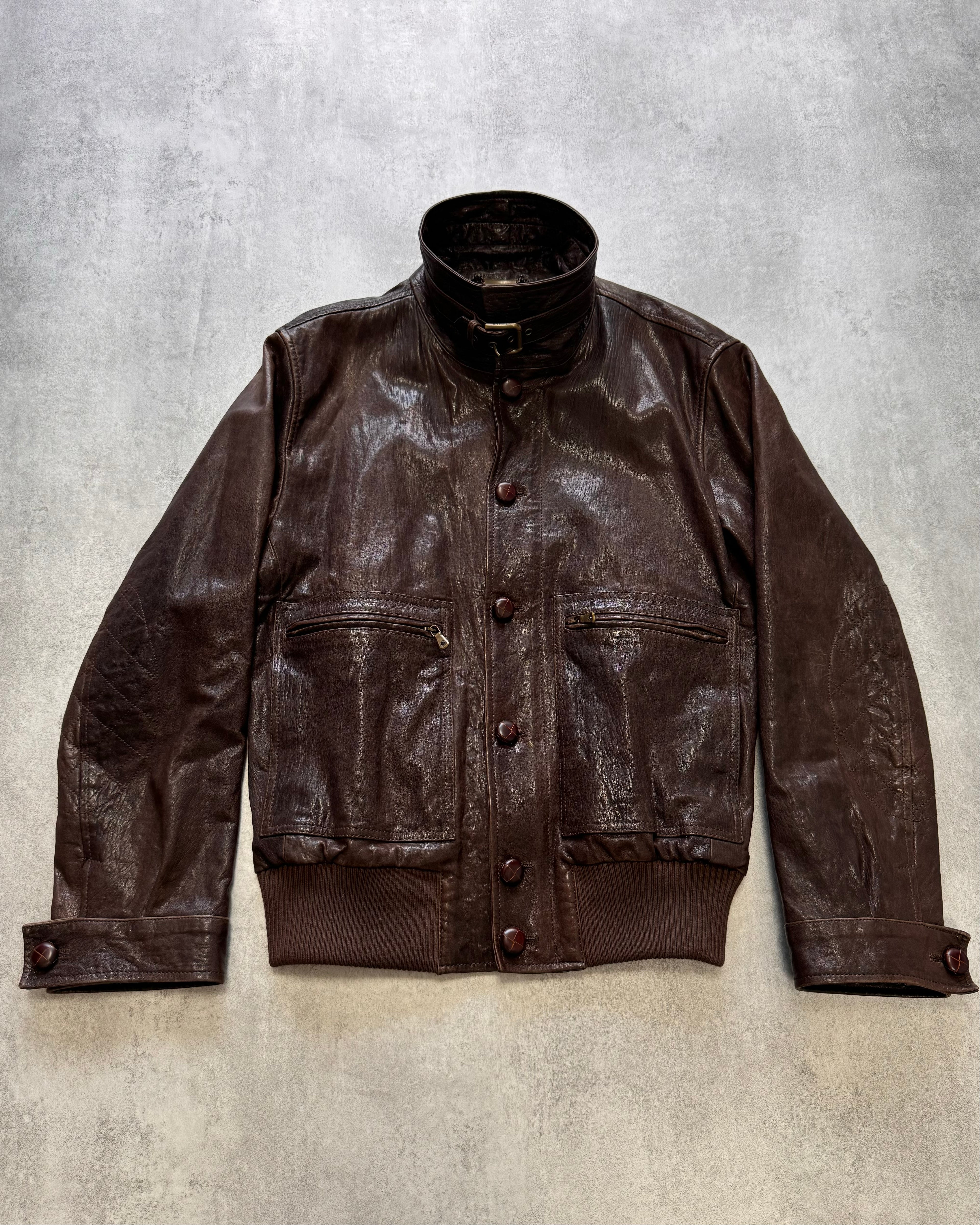 FW2005 Dolce & Gabbana Military Brown Leather Heavy Jacket