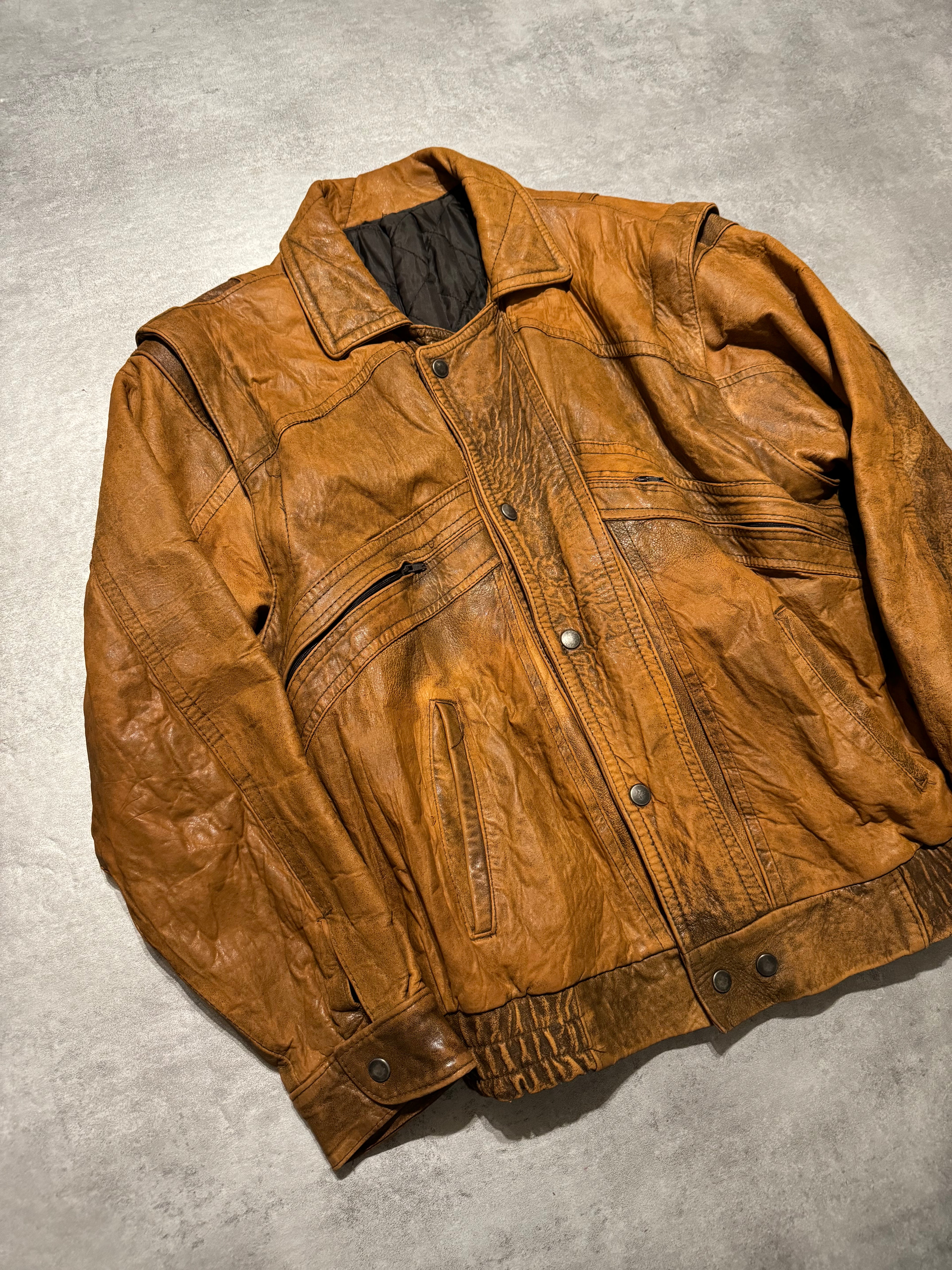 1990s Artisanal French Eroded Brown Leather Jacket with Detachable Sleeves (M) - 14