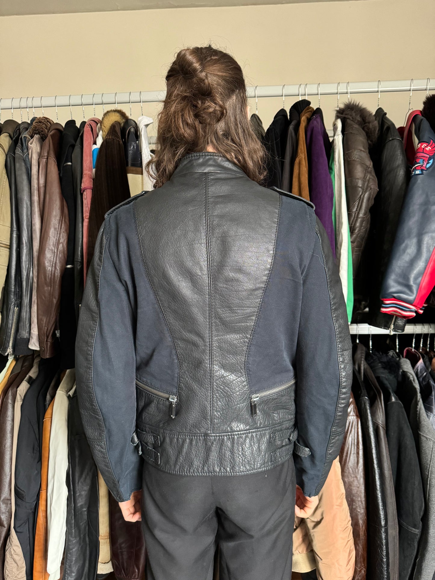 2000s Dirk Bikkembergs Hybrid Biker Leather Jacket Black & Navy (S) - 6