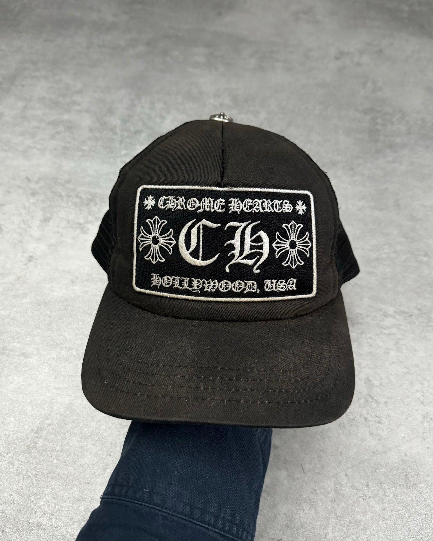 Chrome Hearts "CH Hollywood-USA" Black Eroded Trucker Cap (OS) - 1