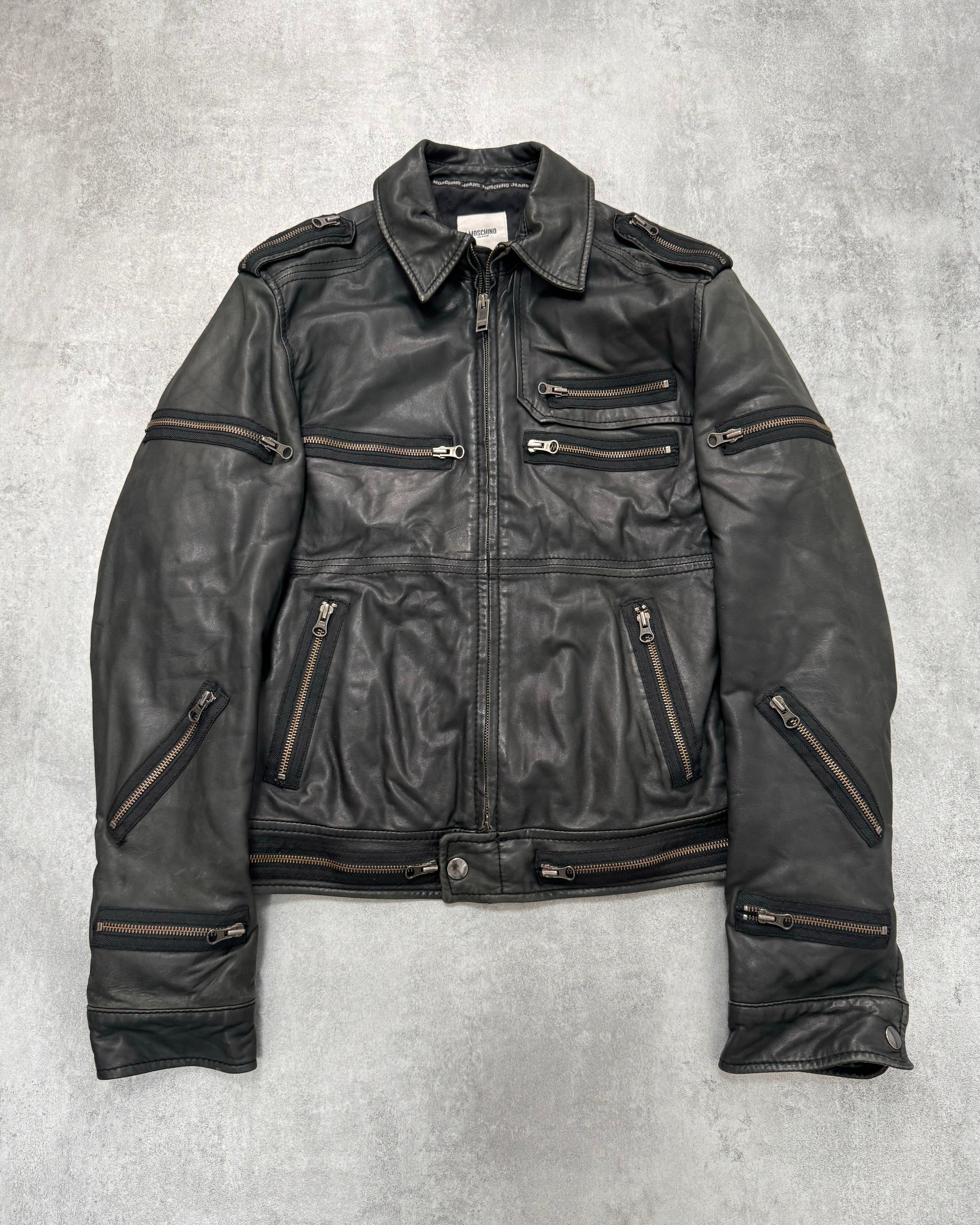 2000年代 モスキーノ サーキュラー ジップ エレベーション レザー ジャケット (M)