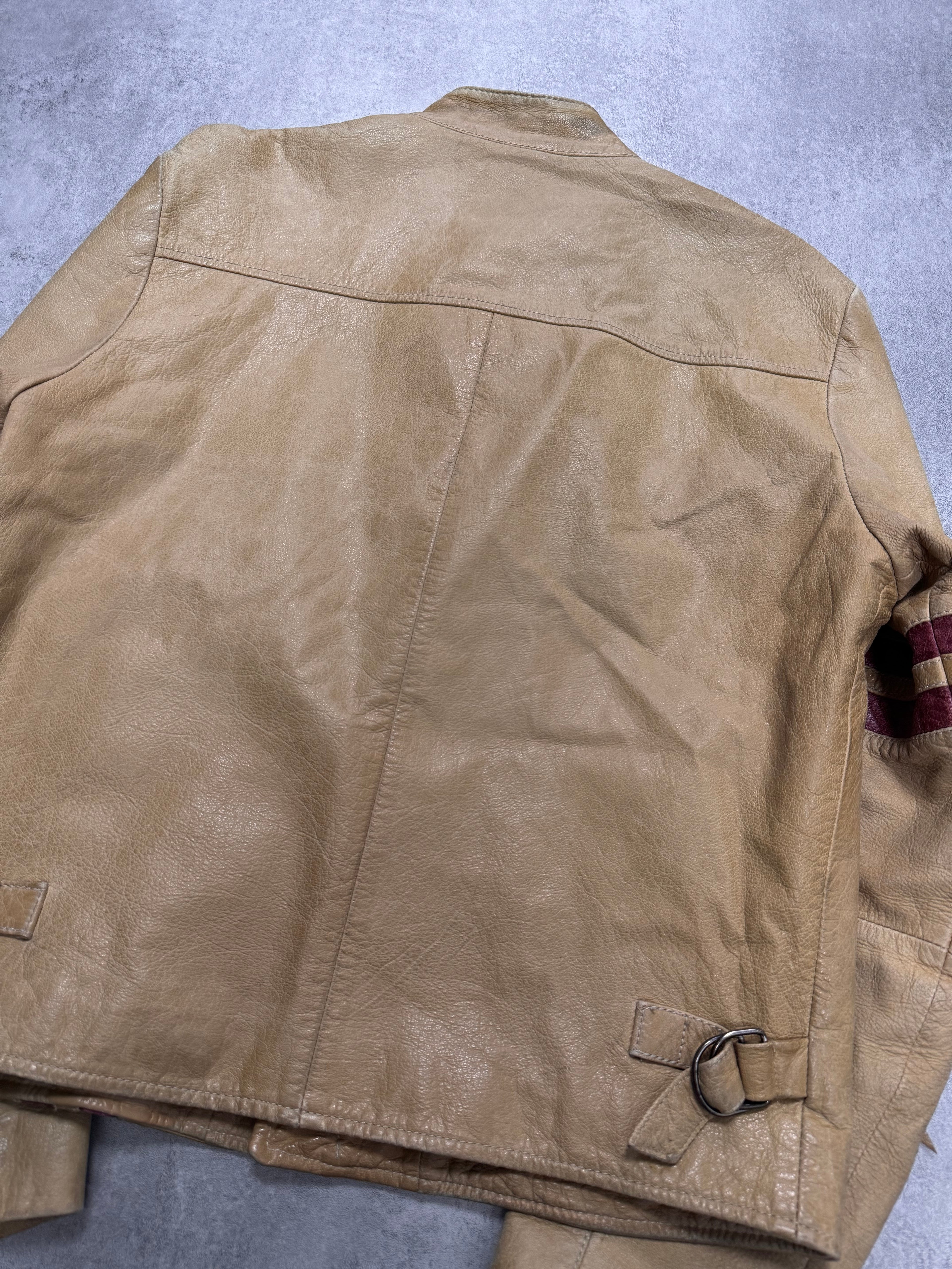 2000s Dolce & Gabbana Red Stripes Beige Leather Biker Jacket