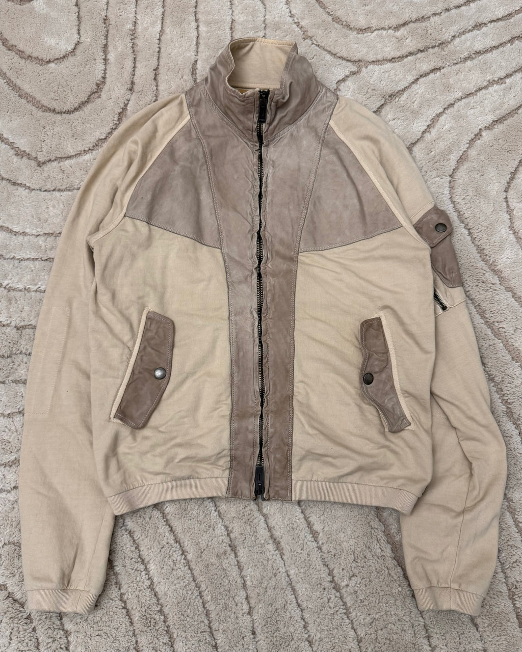 2000s Emporio Armani Paneled Stone Beige Zip-Up Sweater