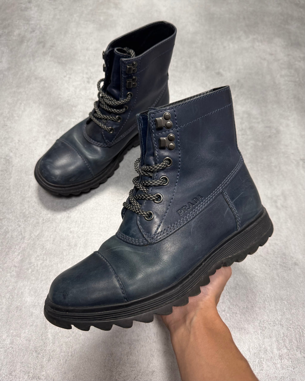 2000s Prada Hiking Navy Leather Boots