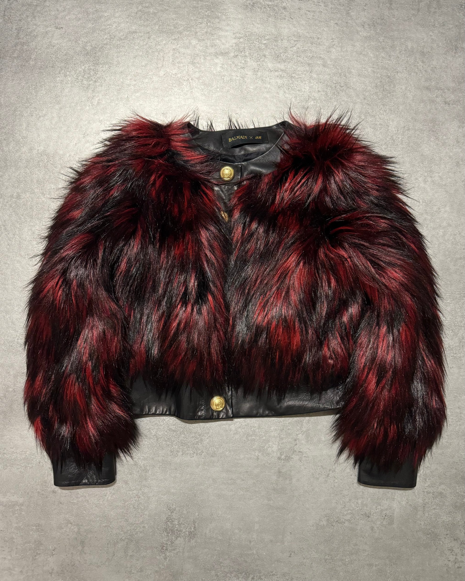 FW2015 Balmain x H&M Red Faux Fur Leather Jacket (XS) - 1