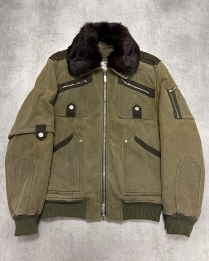 2000s Versace Utility Military Fur Collar Kaki Bomber Jacket (M)