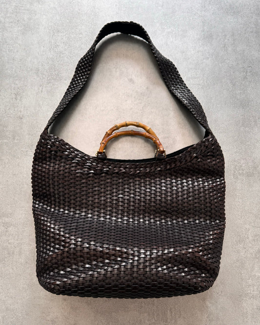 1996 Gucci Tom Ford Brown Woven Leather Bamboo Shoulder Bag (OS)