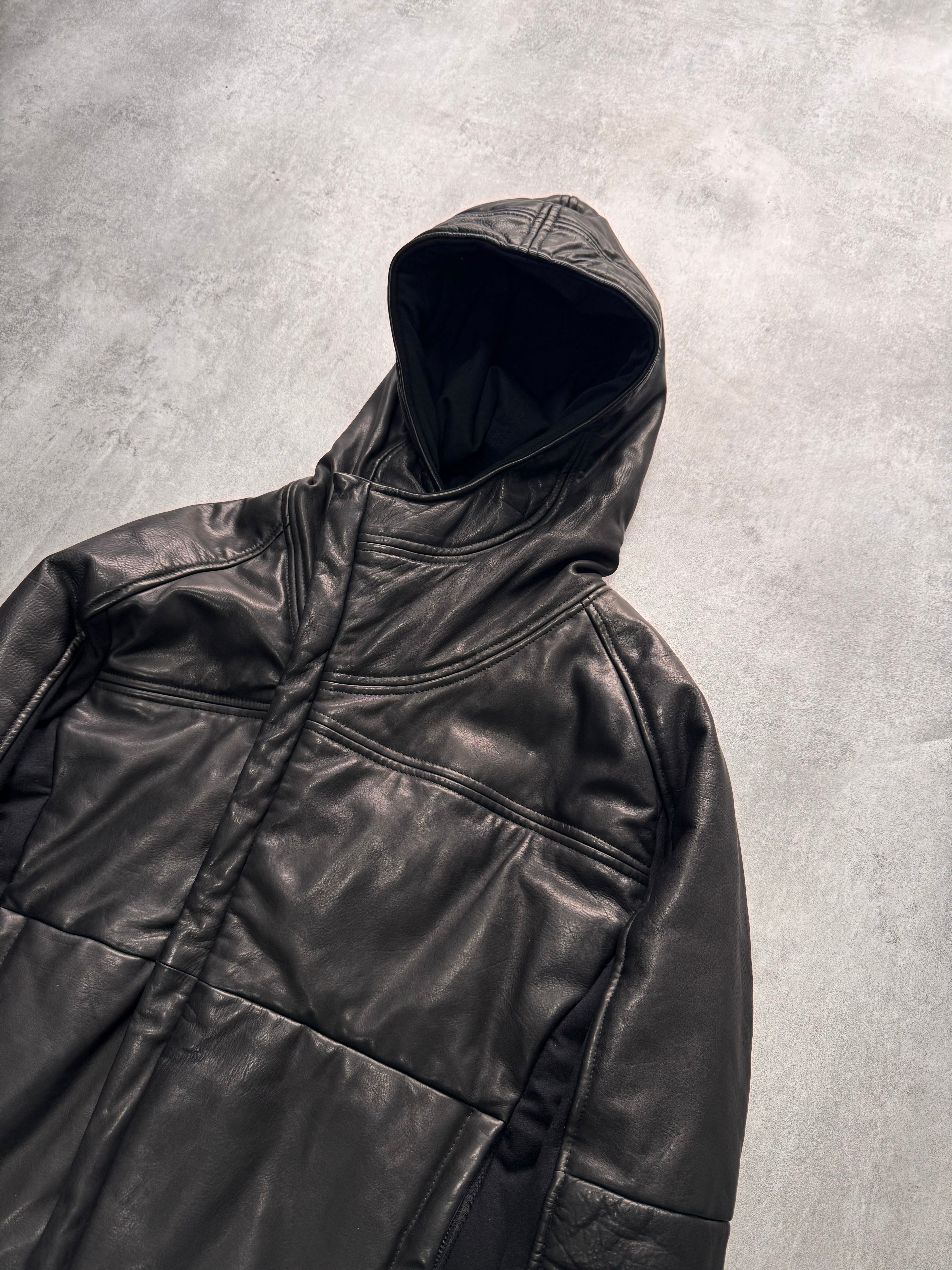 FW2012 Emporio Armani Ninja Asymmetrical Leather Hooded Coat