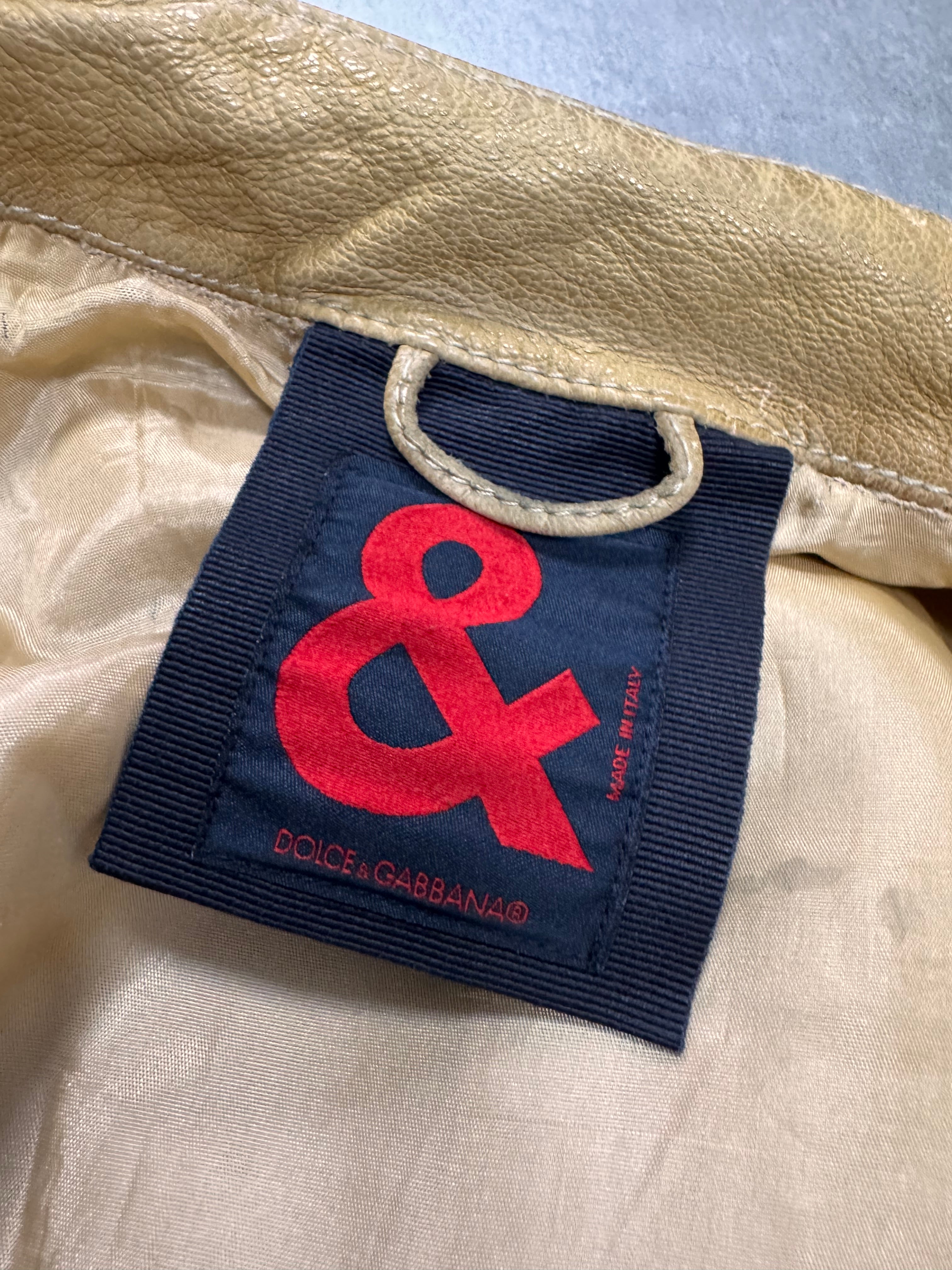 2000s Dolce & Gabbana Red Stripes Beige Leather Biker Jacket