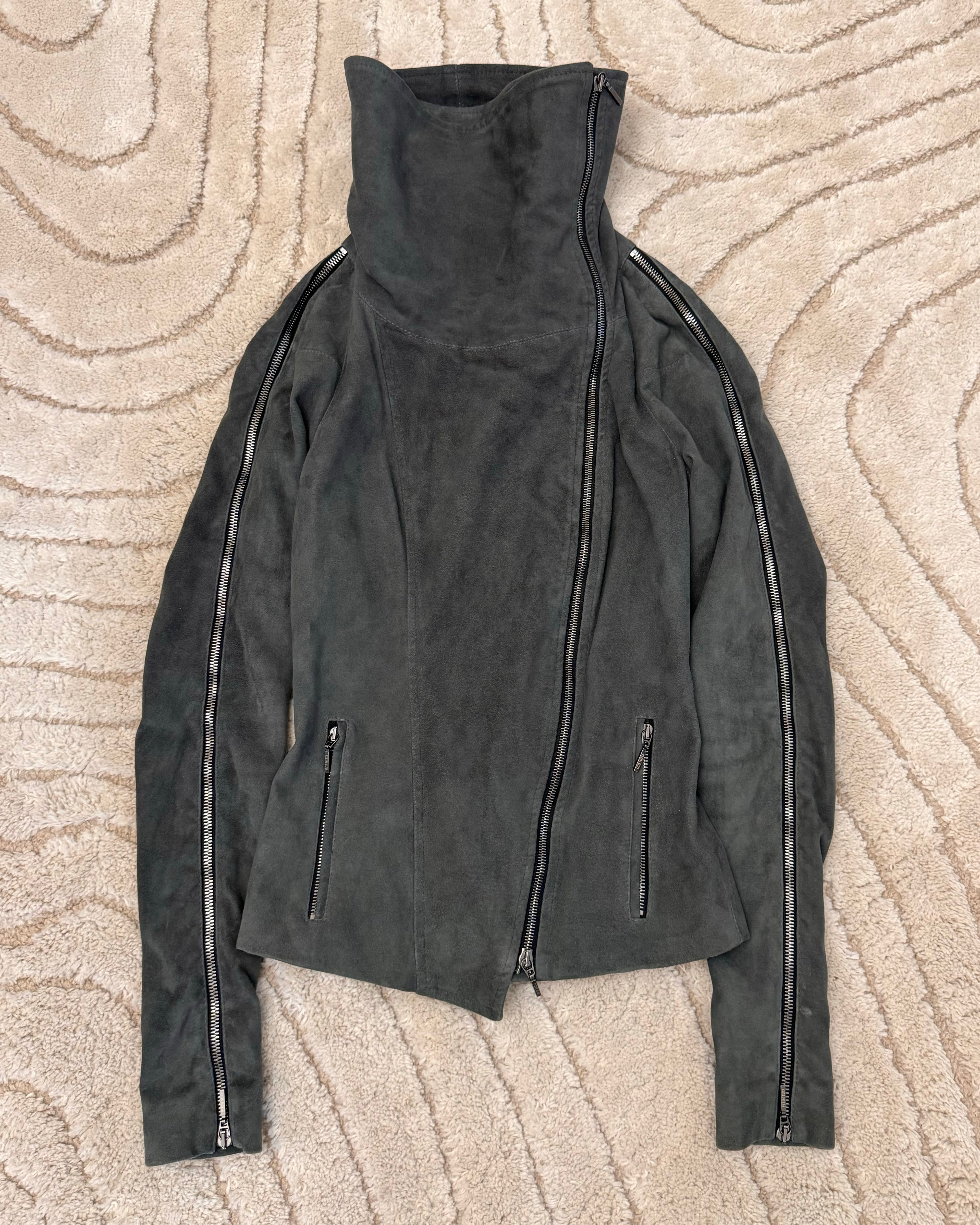 2000s Plein Sud Shadow Multi-Zip Asymmetrical Suede Jacket (XS/S)