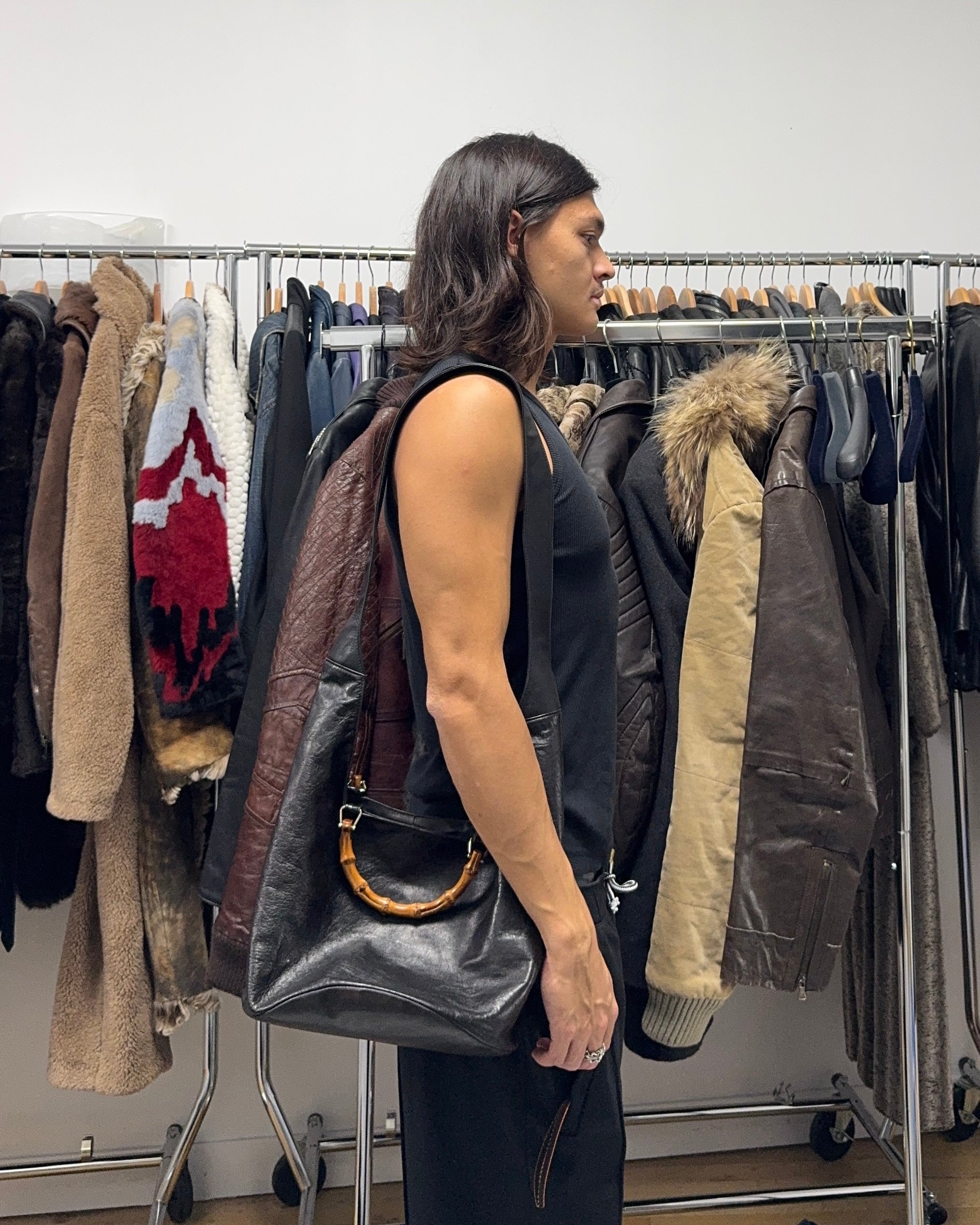 1996 Gucci Tom Ford Pure Black Leather Bamboo Shoulder Bag