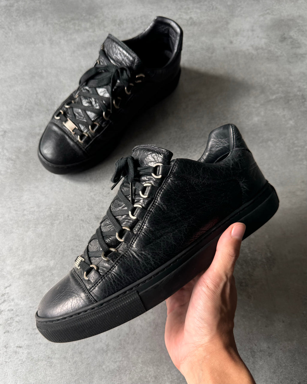 Balenciaga Arena Low Black Cracked Leather Sneakers