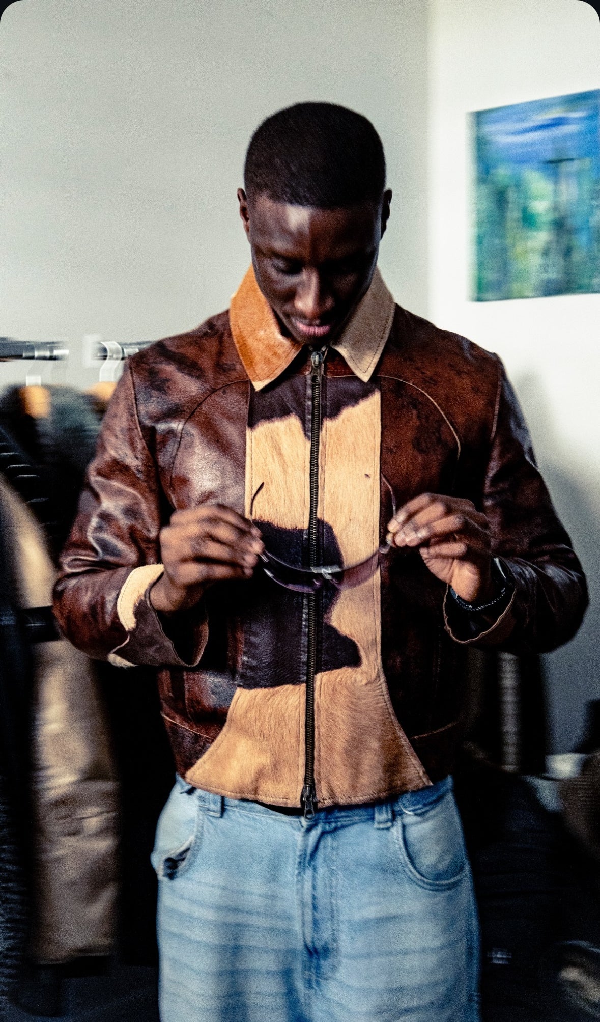 2000s Imperial Brown Fur Leather Cow Jacket  (L)