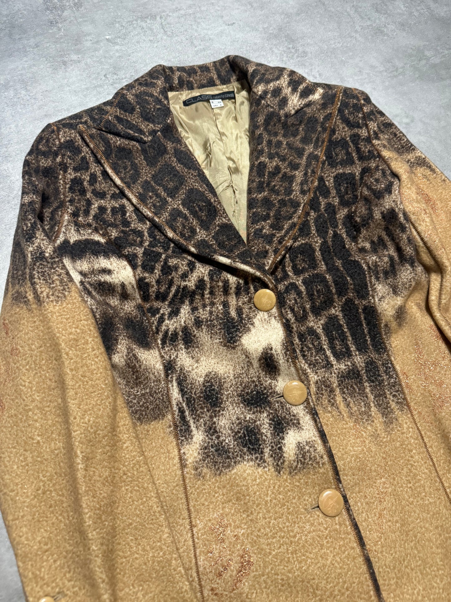 AW2002 Roberto Cavalli Leopard Print Beige Wool Trench Coat  (XS/S) - 5