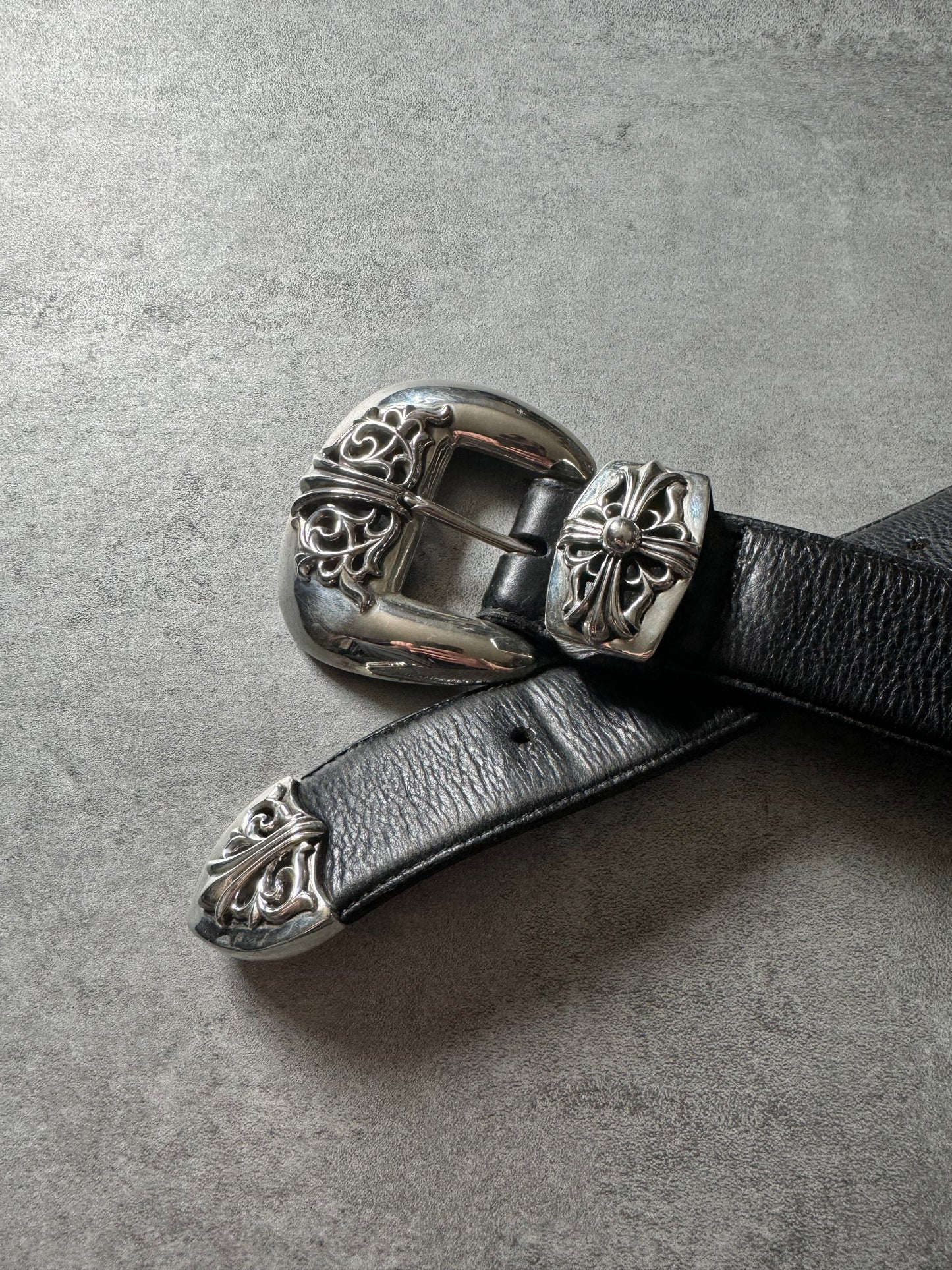 Chrome Hearts Black Leather Silver Rock Belt (OS) - 9