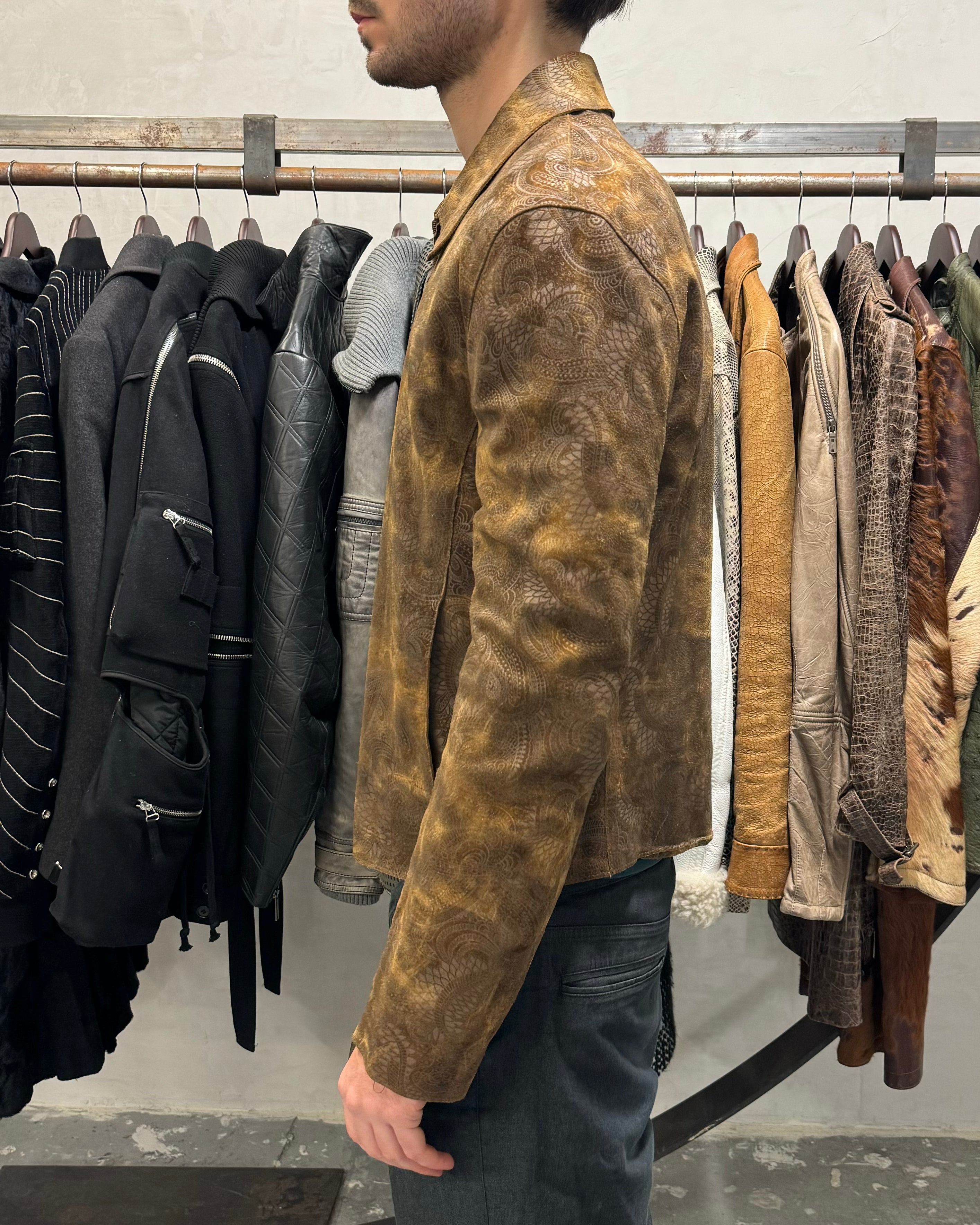 2000s Cavalli Brown Spiritual Dragon Faded Leather Premium Jacket (L) - 5