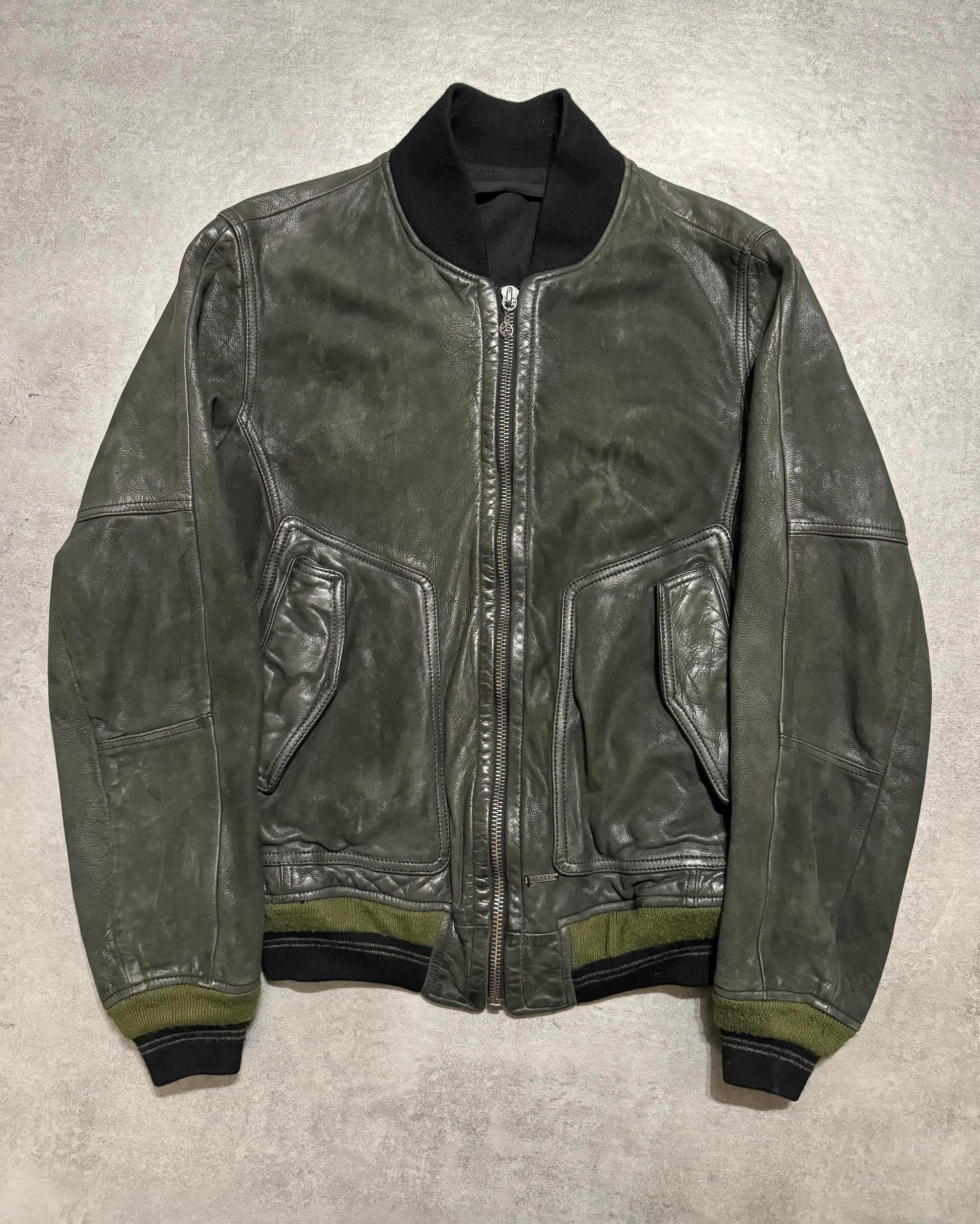 2000s Diesel Olive Biker Eroded Polished Leather Jacket (M/L) - 1