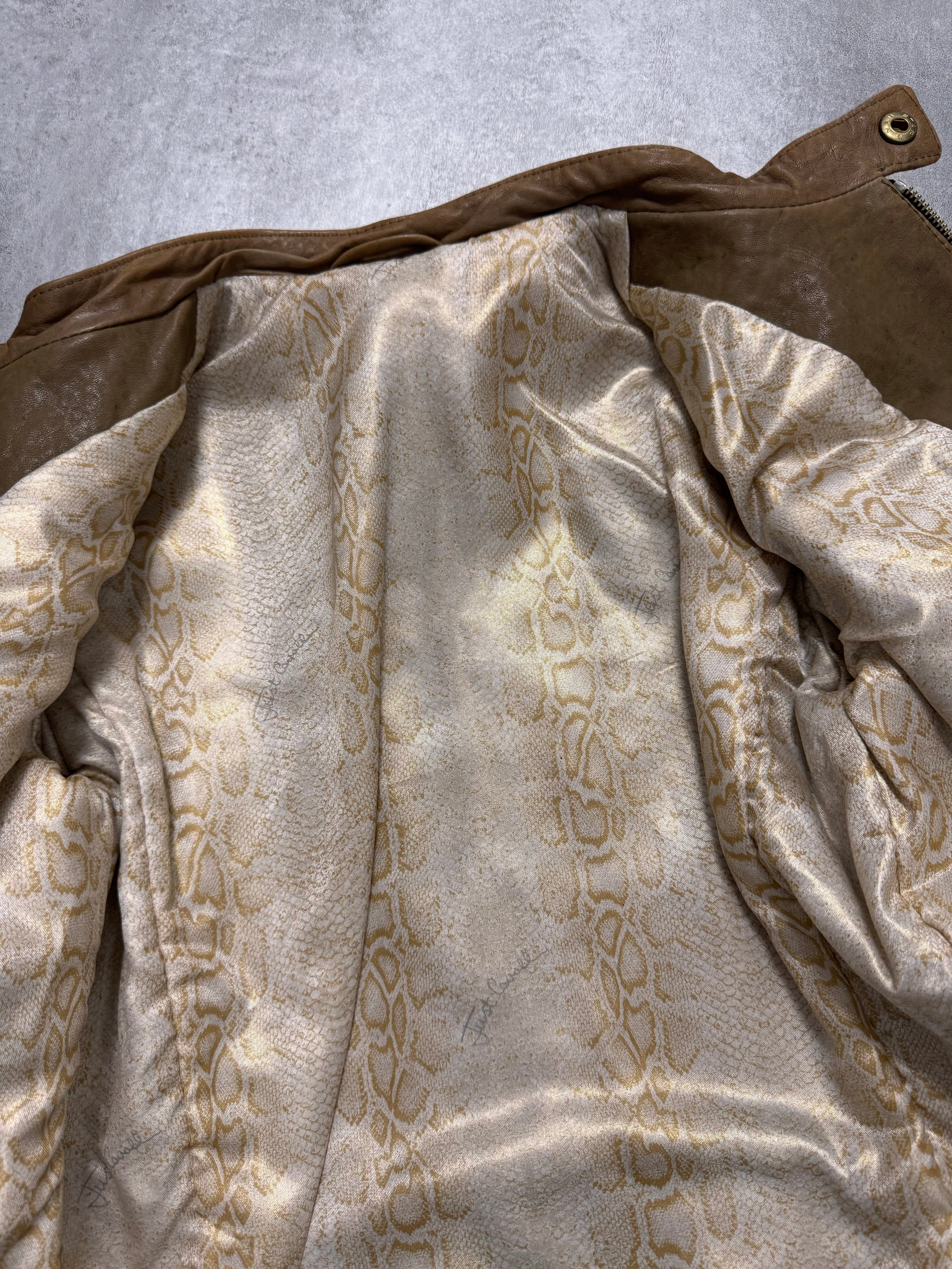 2000s Cavalli Sample Biker Cropped Beige Leather Jacket