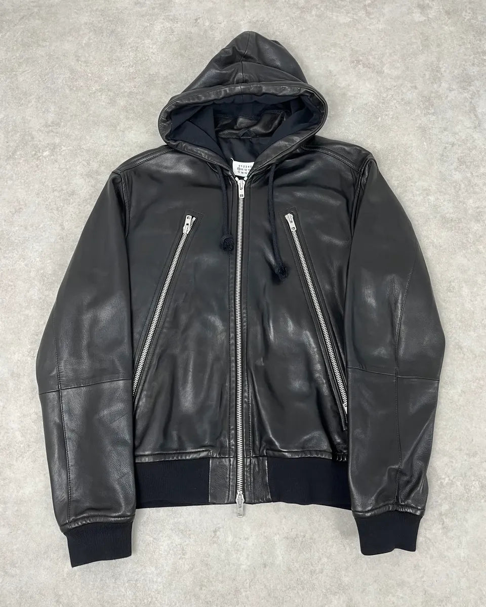 Maison Martin Margiela 3 Zips Hooded Black Leather Jacket NmnuwVW 0