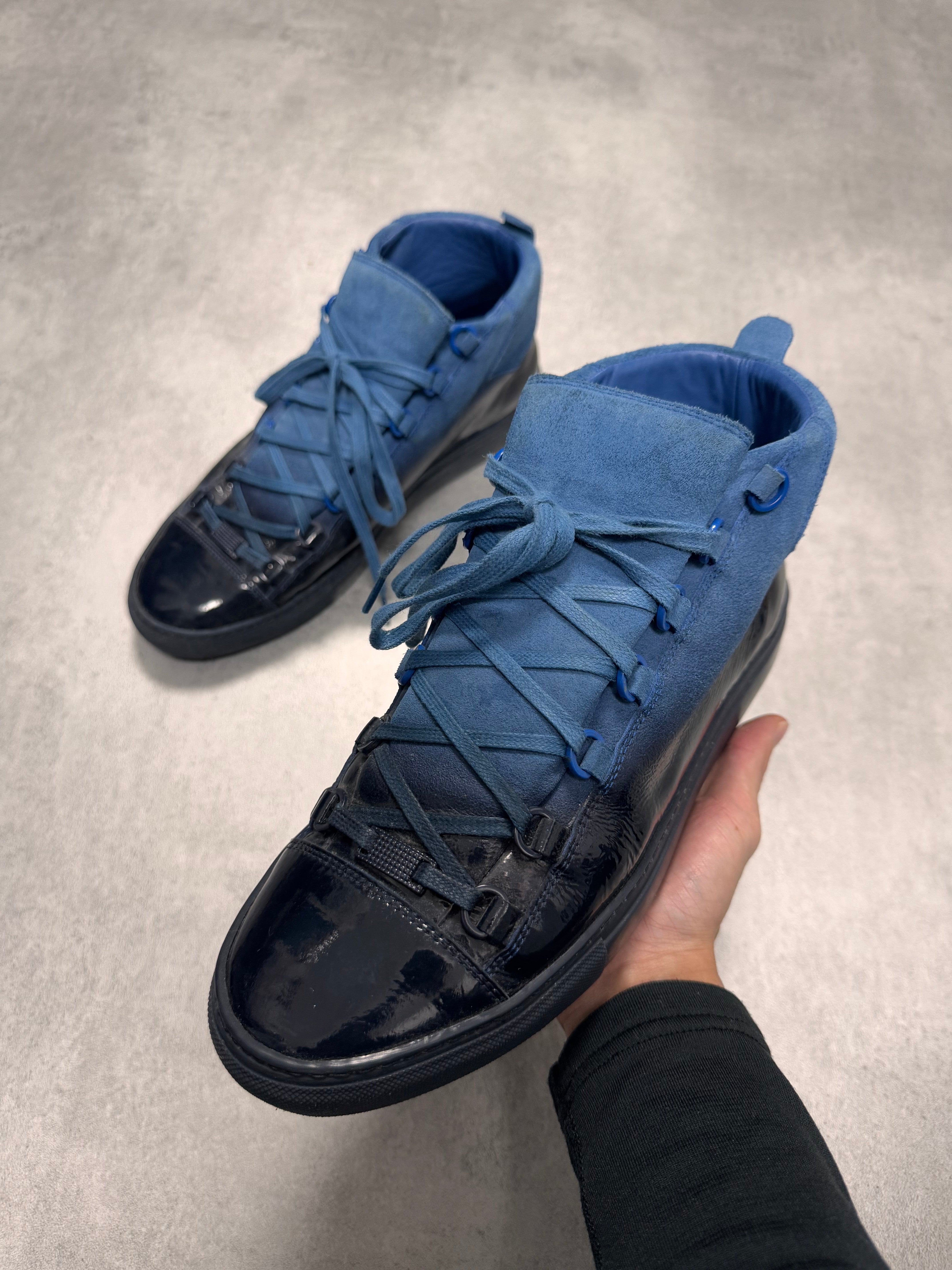 Balenciaga Arena High Hybrid Varnished Black on Blue Suede Leather