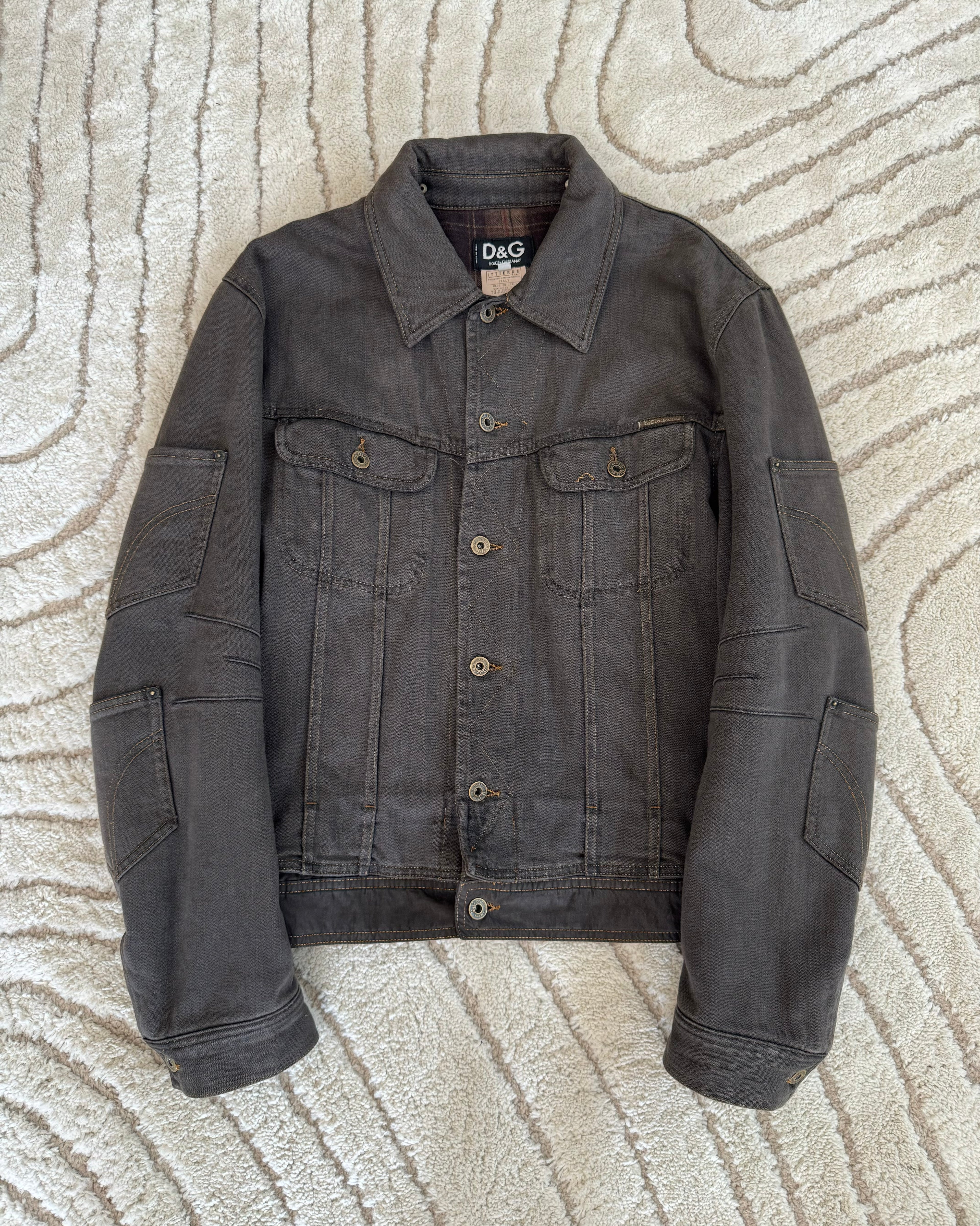 AW03 Dolce & Gabbana Double-Waisted Multi-Pocket Dark Grey Denim Jacket (XL)