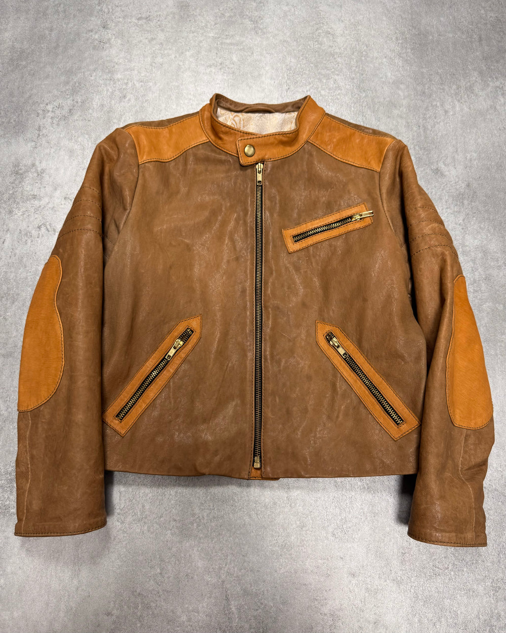 2000s Cavalli Sample Biker Cropped Beige Leather Jacket