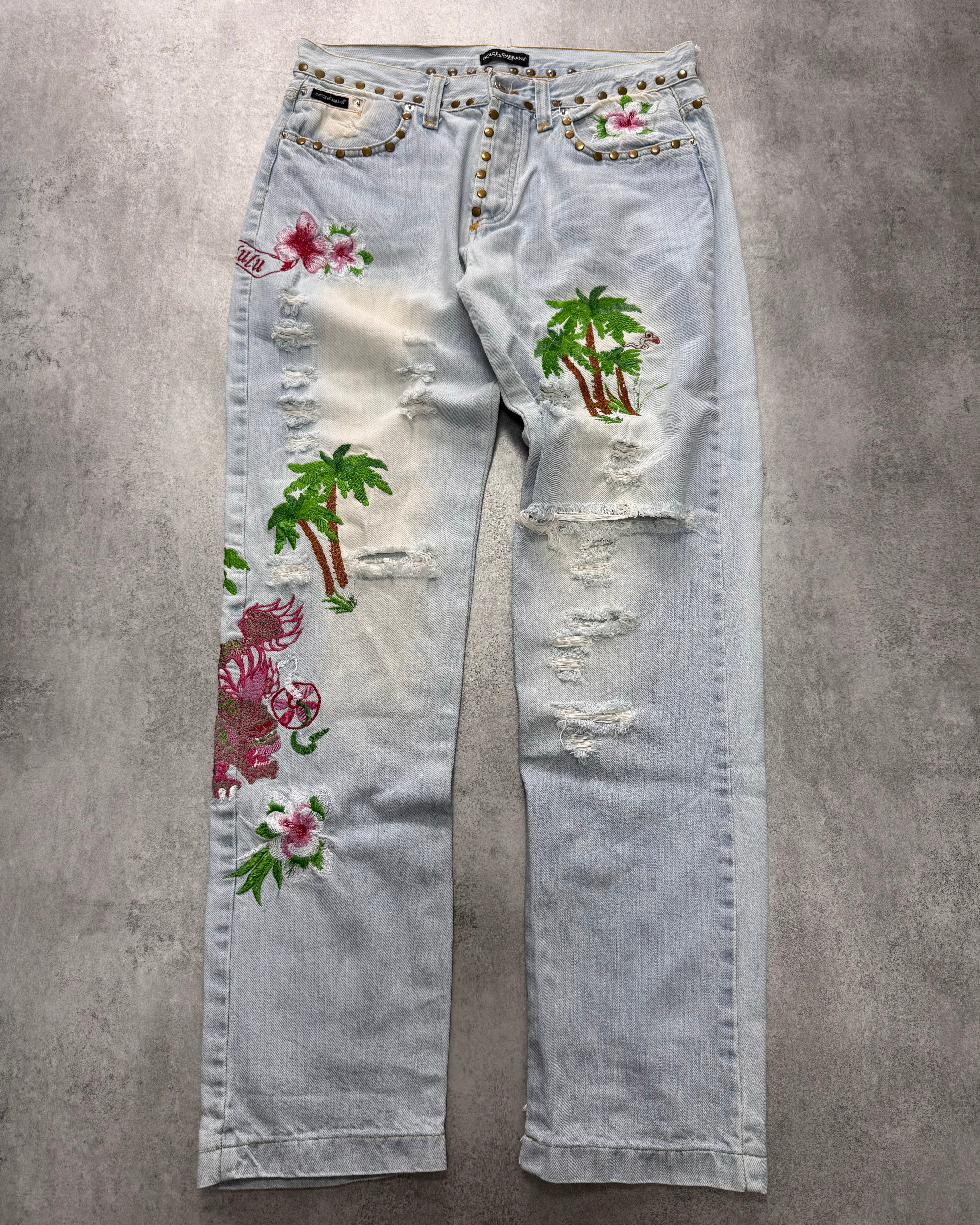 SS2006 Dolce & Gabbana Haiwai Honolulu Embroideries Distressed Denim Jeans