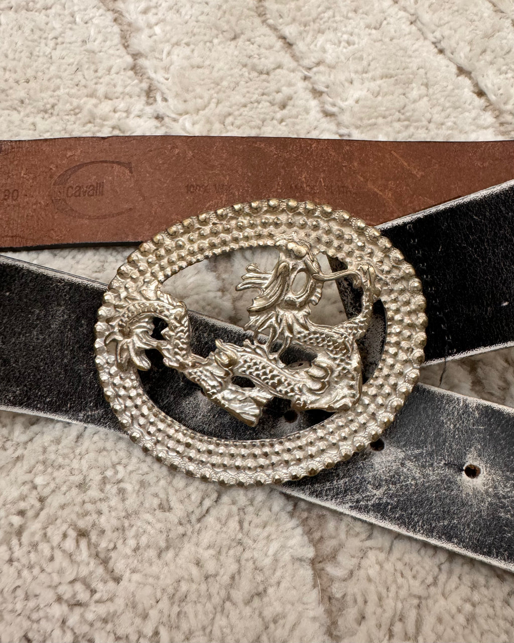 2000s Cavalli Silver Dragon Faded Leather Belt (OS)