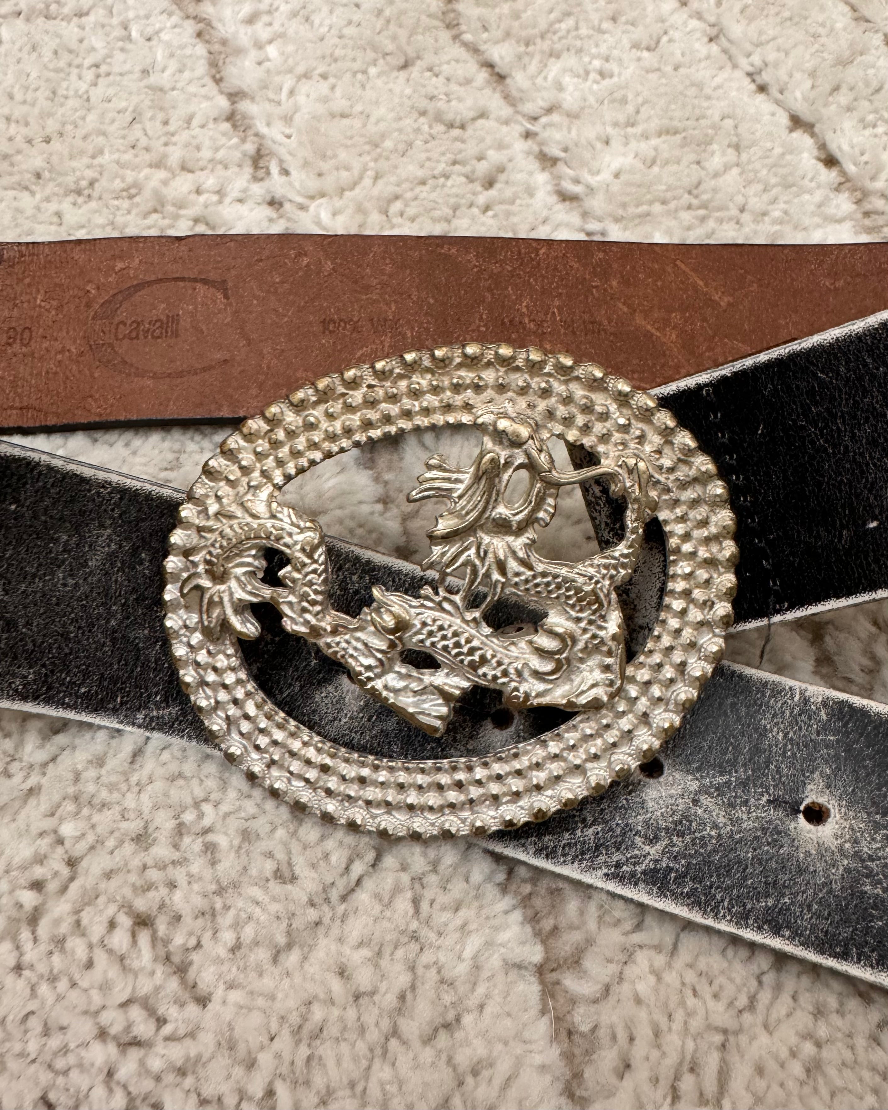2000s Cavalli Silver Dragon Faded Leather Belt (OS)