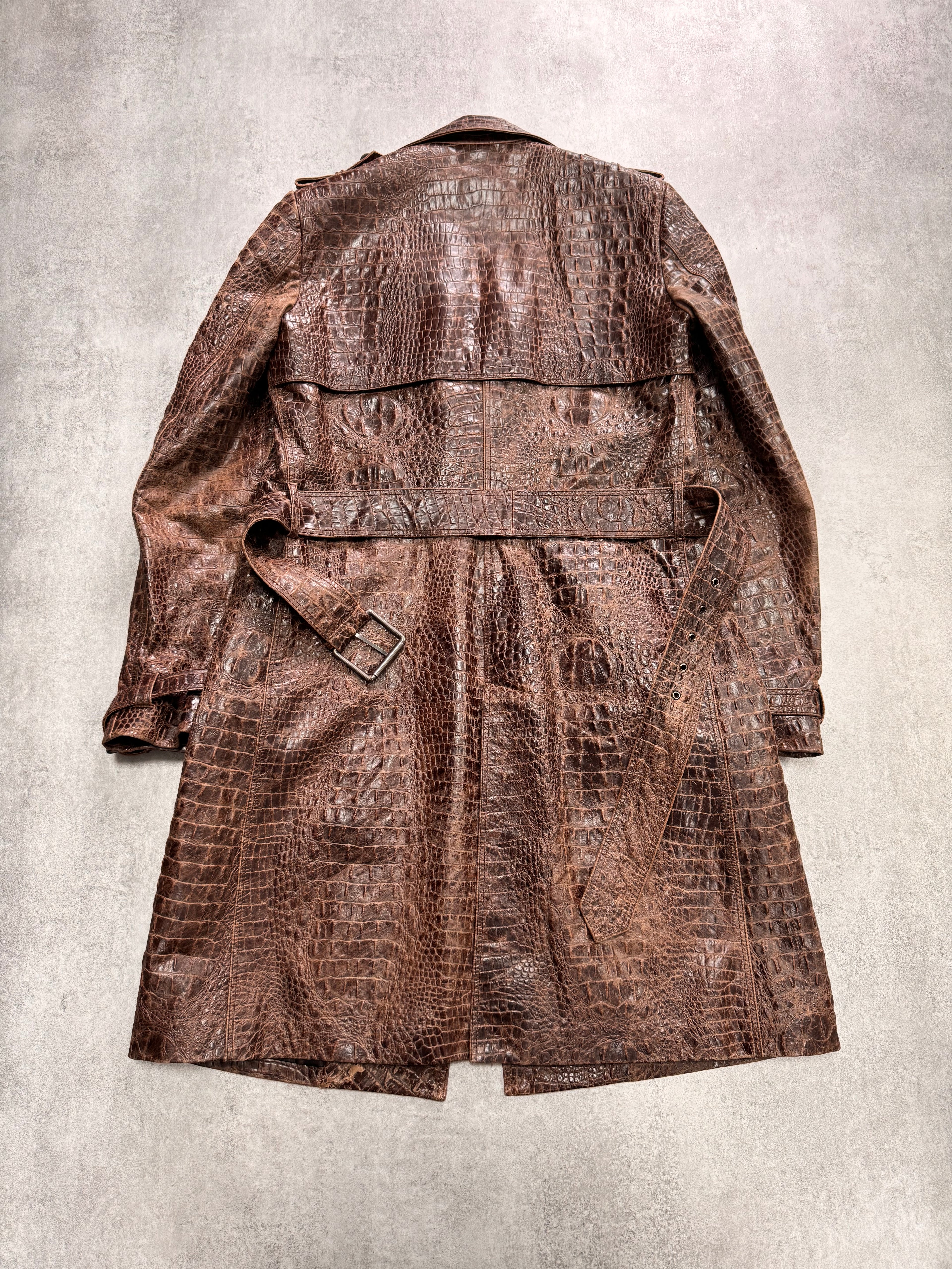 1990s Versace Crocodile Effect Embossed Leather Trench Coat