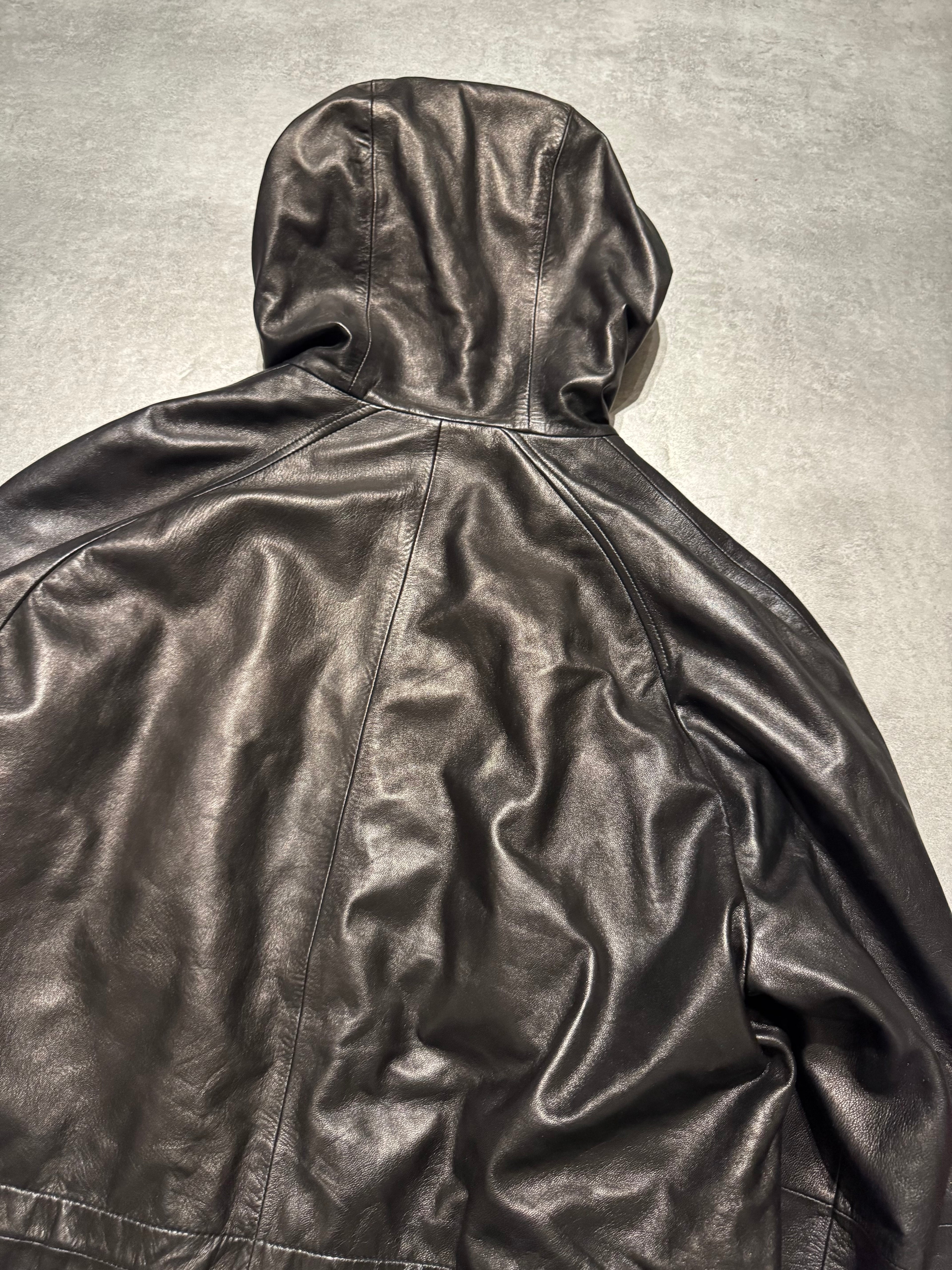 2000s Prada Sample Black Hooded Leather Jacket