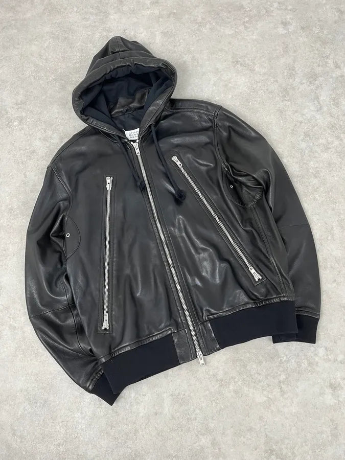Maison Martin Margiela 3 Zips Hooded Black Leather Jacket NmnuwVW 4
