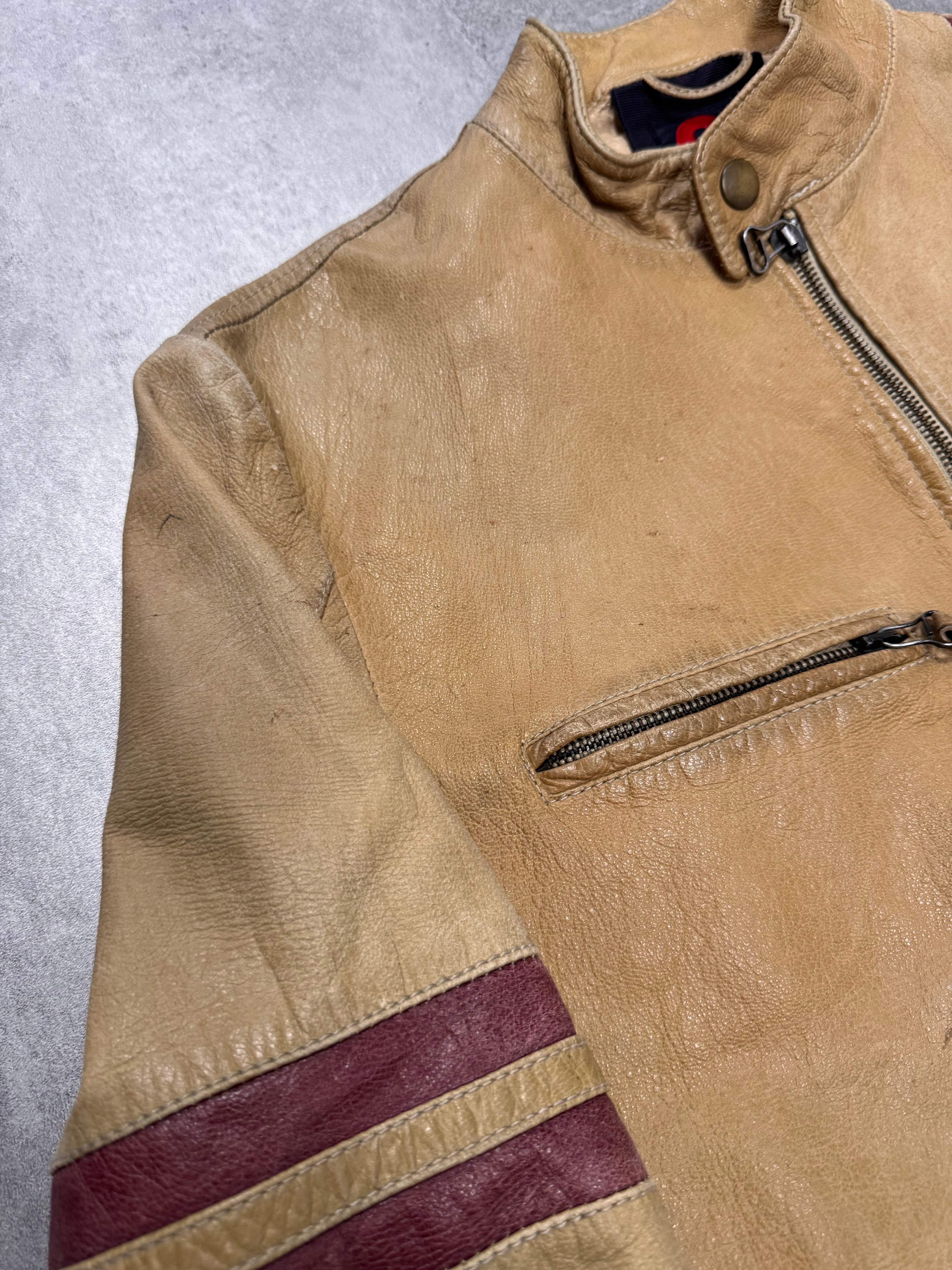 2000s Dolce & Gabbana Red Stripes Beige Leather Biker Jacket