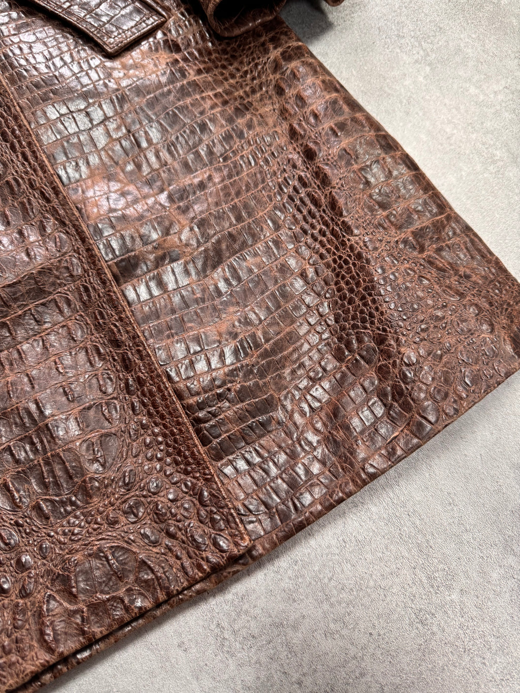 1990s Versace Crocodile Effect Embossed Leather Trench Coat