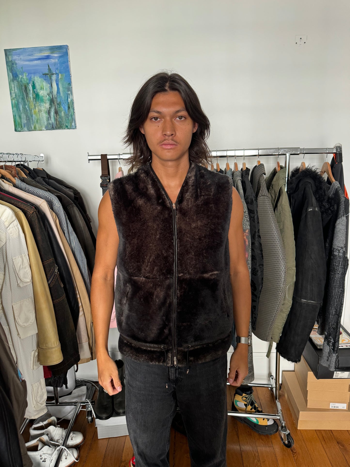 AW2000 Gianfranco Ferré Fur Leather Sleeveless Jacket (L)